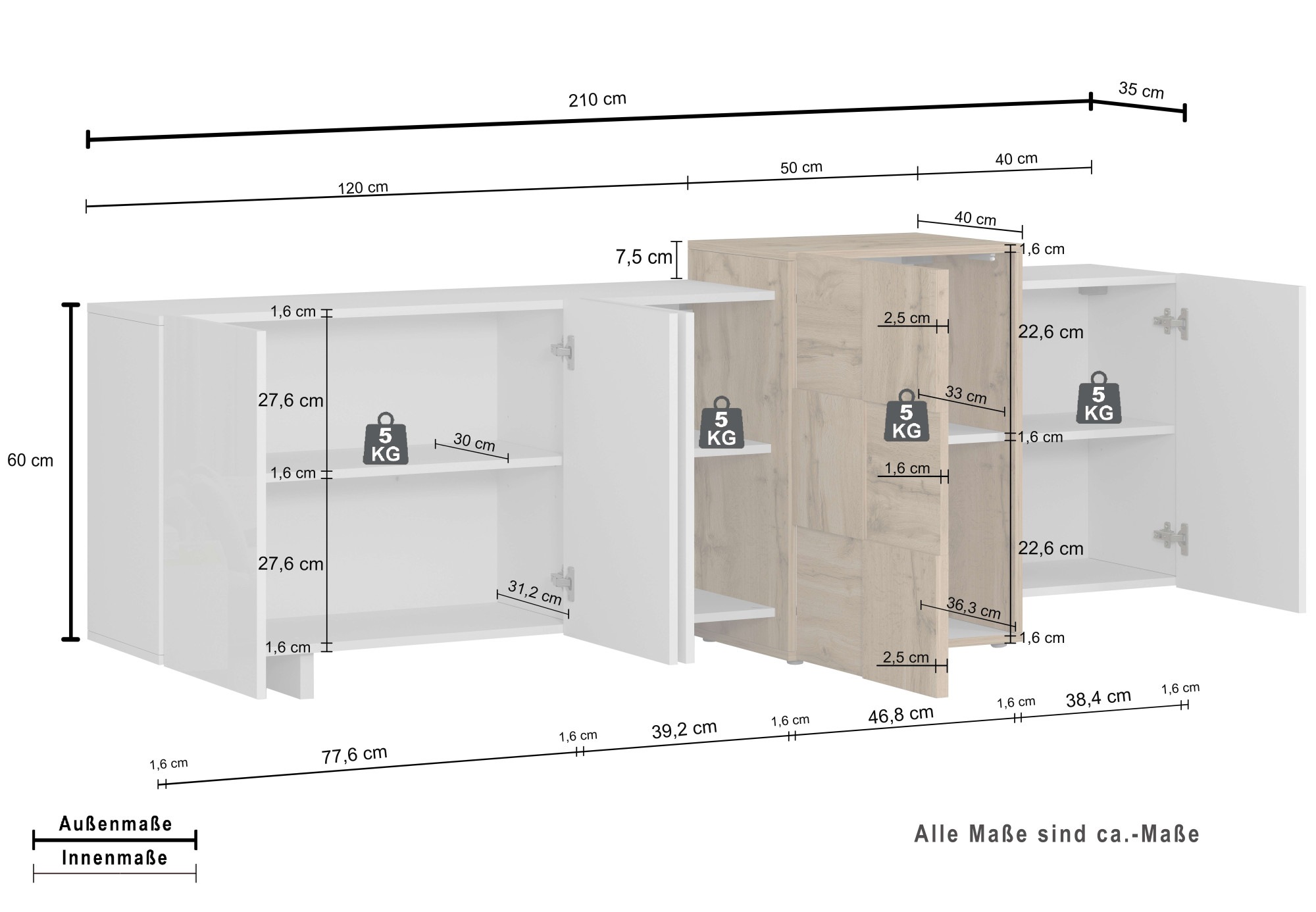 OTTO home Sideboard »Sideboard NEXOS, Kommode, Schrank, Kredenz« 1 Stk. tlg. Mit 5 Drehtüren, 8 geschlossenen Fächern, reversibel, B. 210 cm