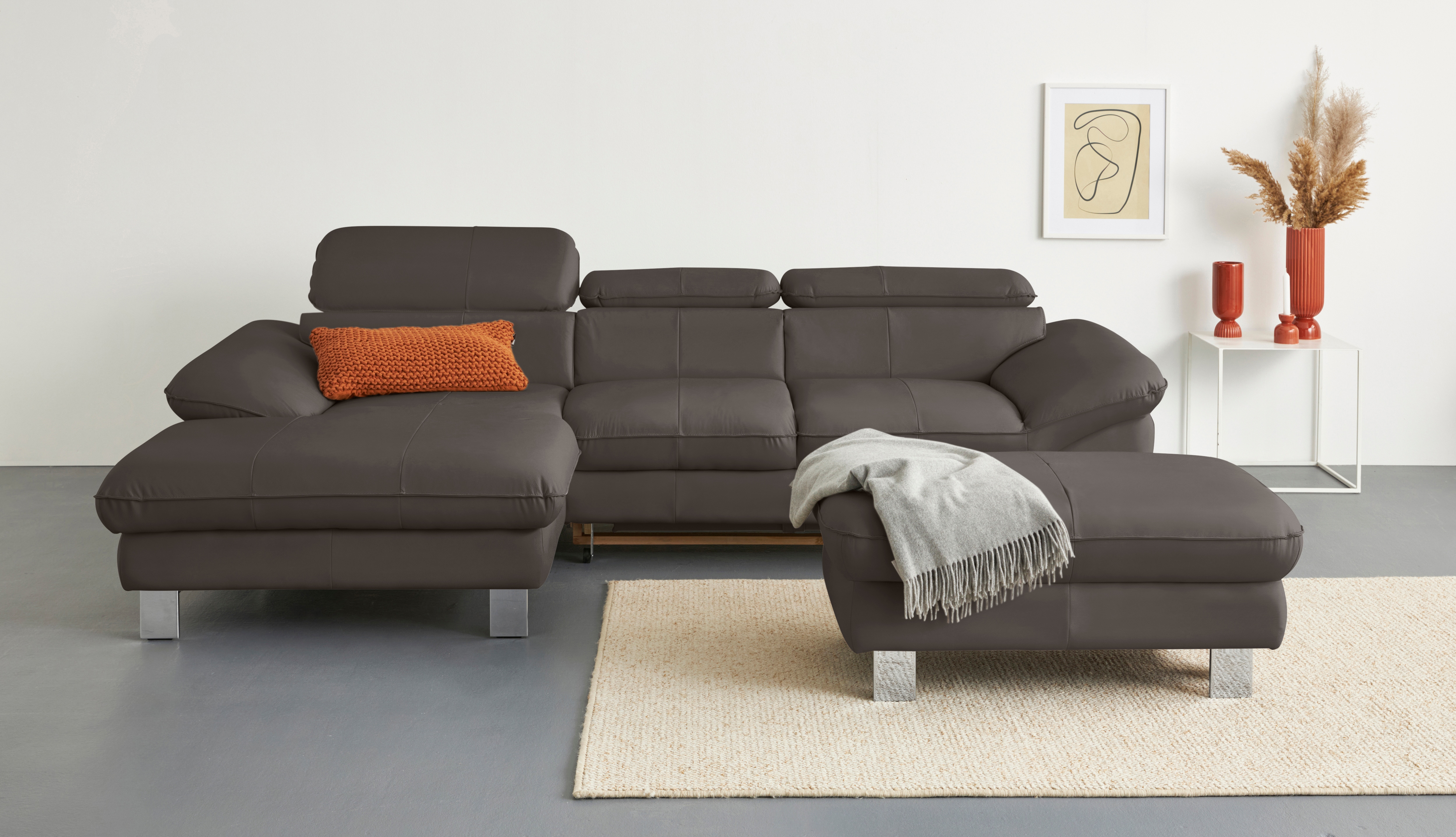 COTTA Ecksofa "Driver L-Form, B: 268 cm, moderne Couch mit Wellenunterfederung, Leder" Kopfteilverstellung, opt. Schlaffunktion + XL Bettkasten, LF:191x129cm