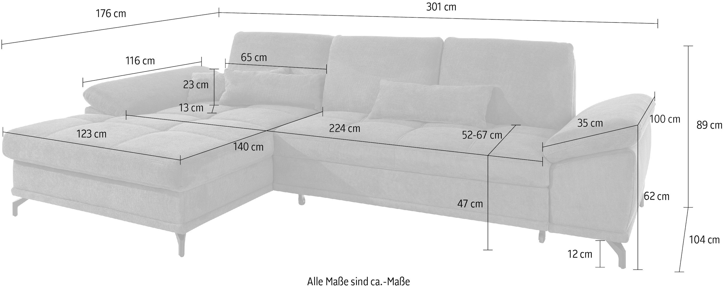 Places of Style Ecksofa Costello, mit Sitztiefenverstellung und Armlehnfunktion, incl. 3 Nierenkissen