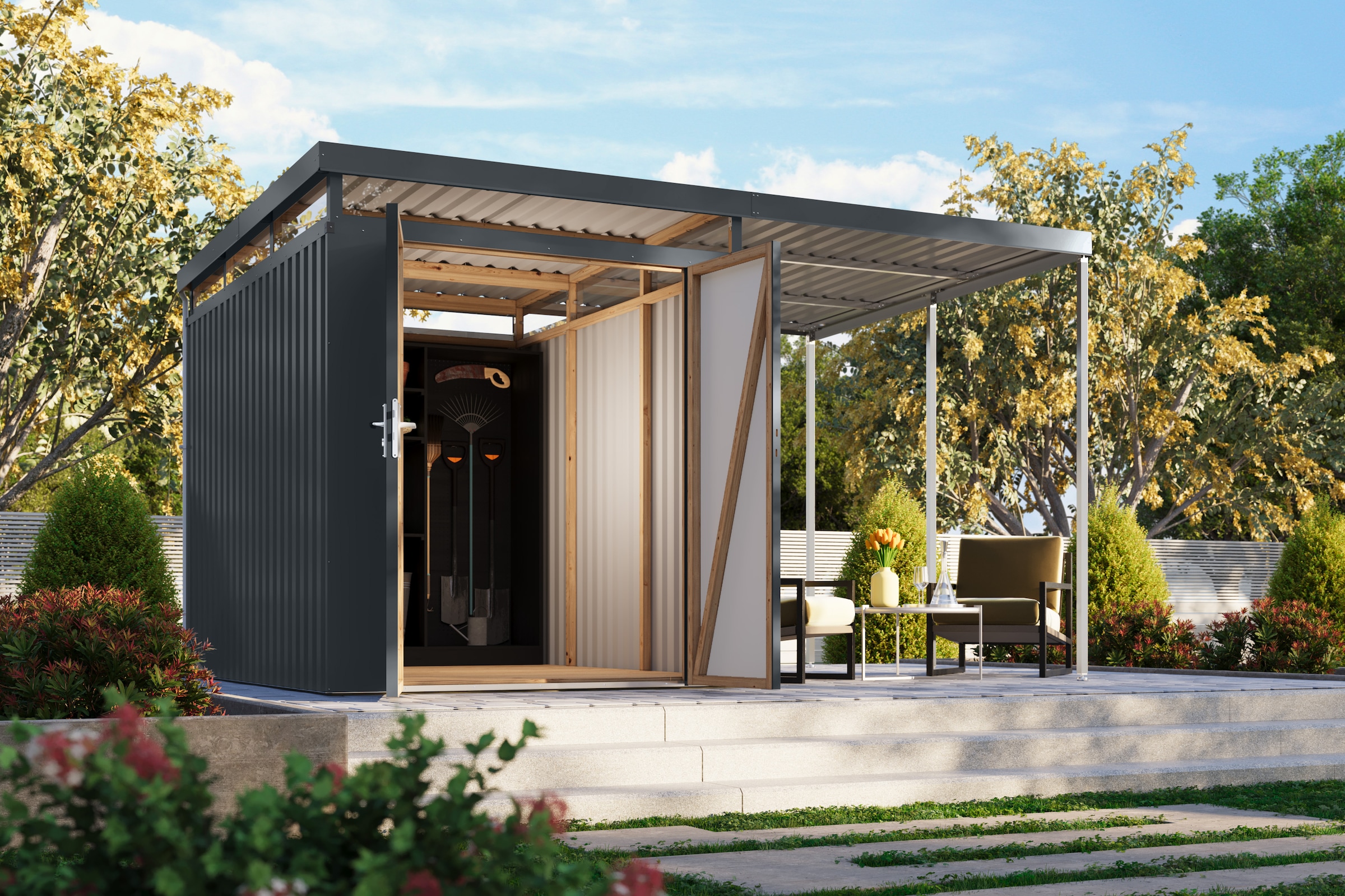 Karibu Gerätehaus "Titanium 2,5 SET mit Anbaudach" Made in Germany
