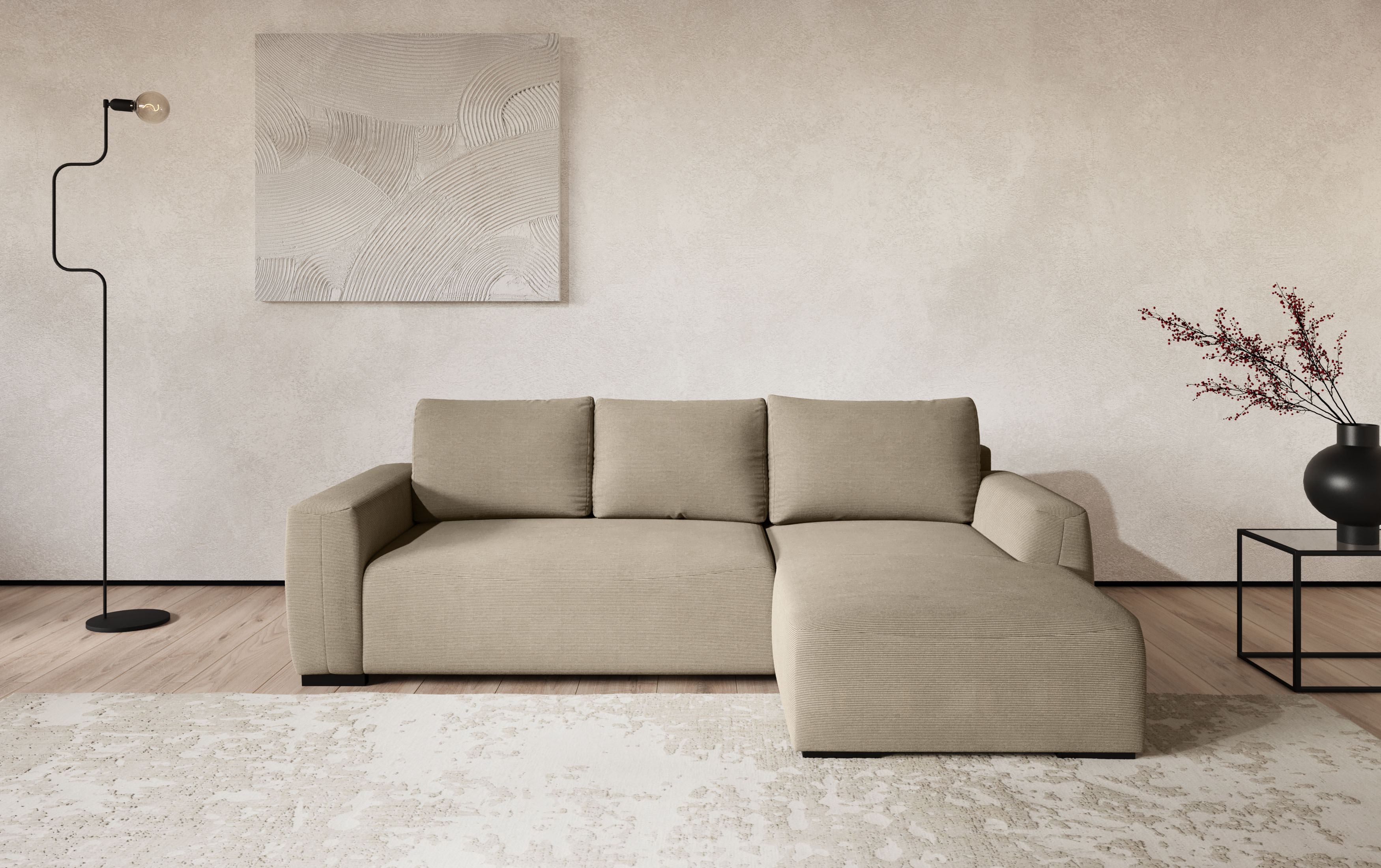 COTTA Ecksofa "Giro L-Form,B: 252 cm, abgerundete Kanten, bequeme Wellenunterfederung" +PUR Schaum, opt. Schlaffunktion + Bettkasten,LF 202x128cm Trendstoffe