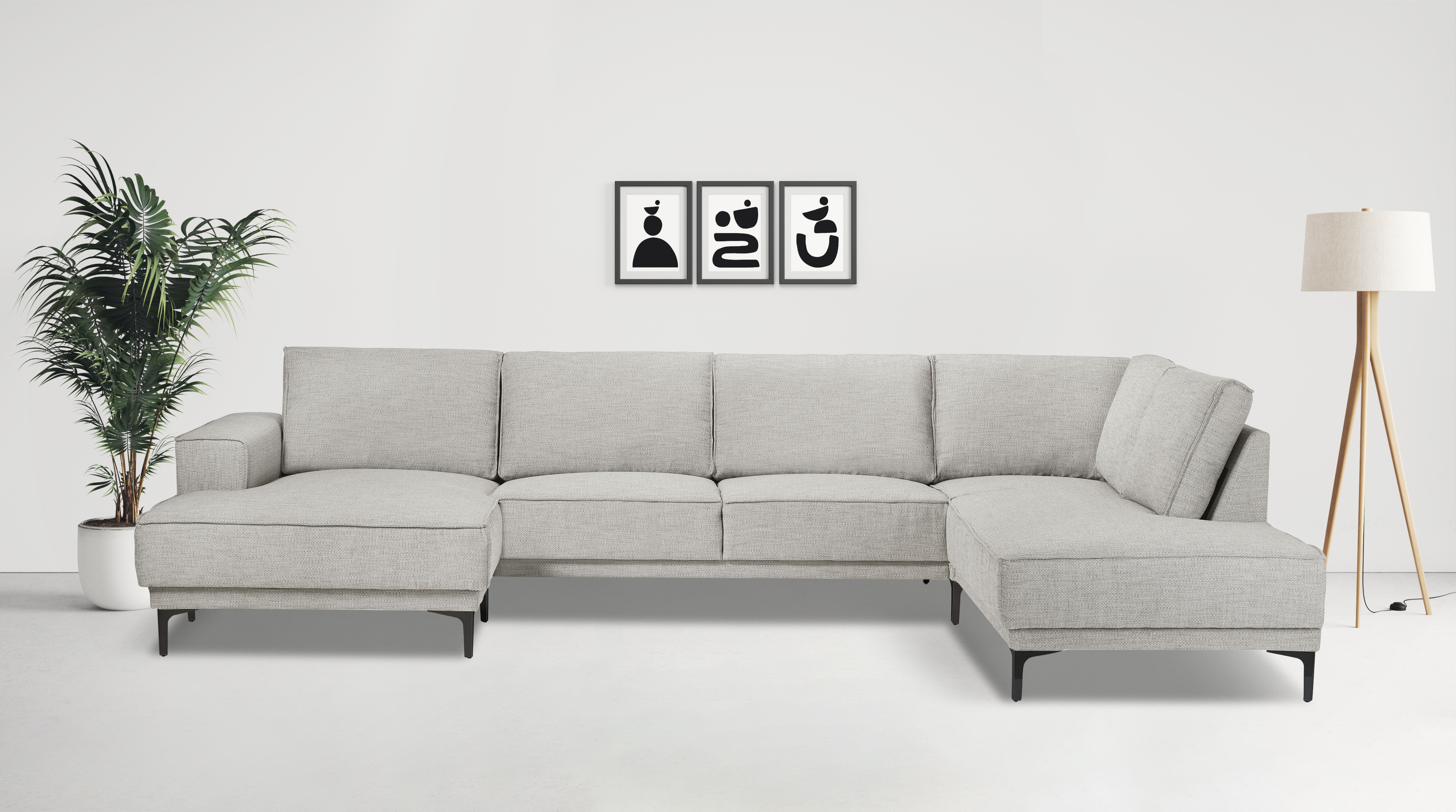 OTTO home Wohnlandschaft "OLAND Flachgewebe U-Form, XXL, B: 345 cm, Skandi-Design" U-Form, 345 cm, Wellenunterfederung, Skandi-Design, Metallfüße