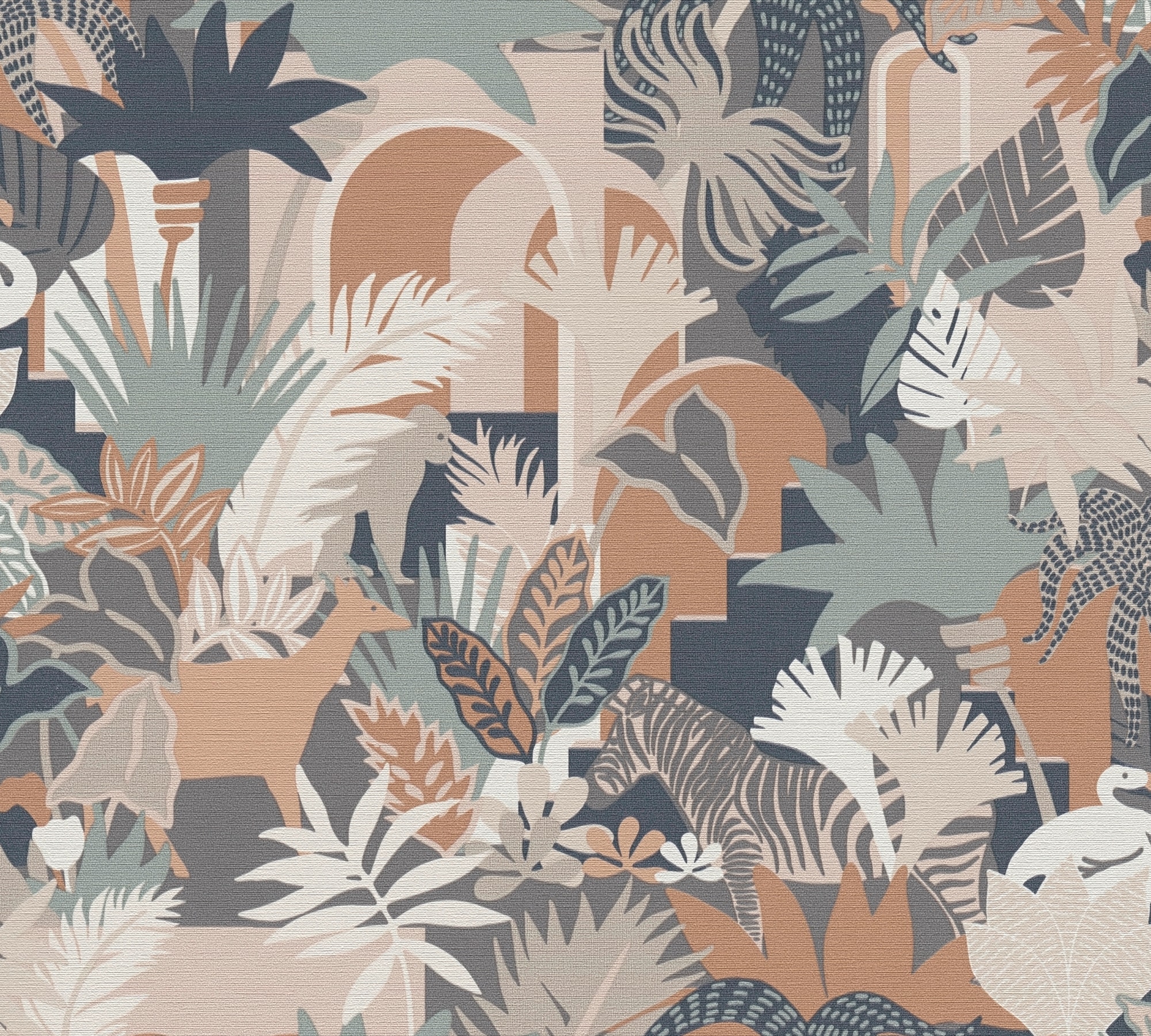 A.S. Création Vliestapete »Antigua Retrotapete Artdeco«, matt-gemustert-neutral, Dschungeltapete Floral mit Tieren Tapeten Wohnzimmer Schlafzimmer Flur