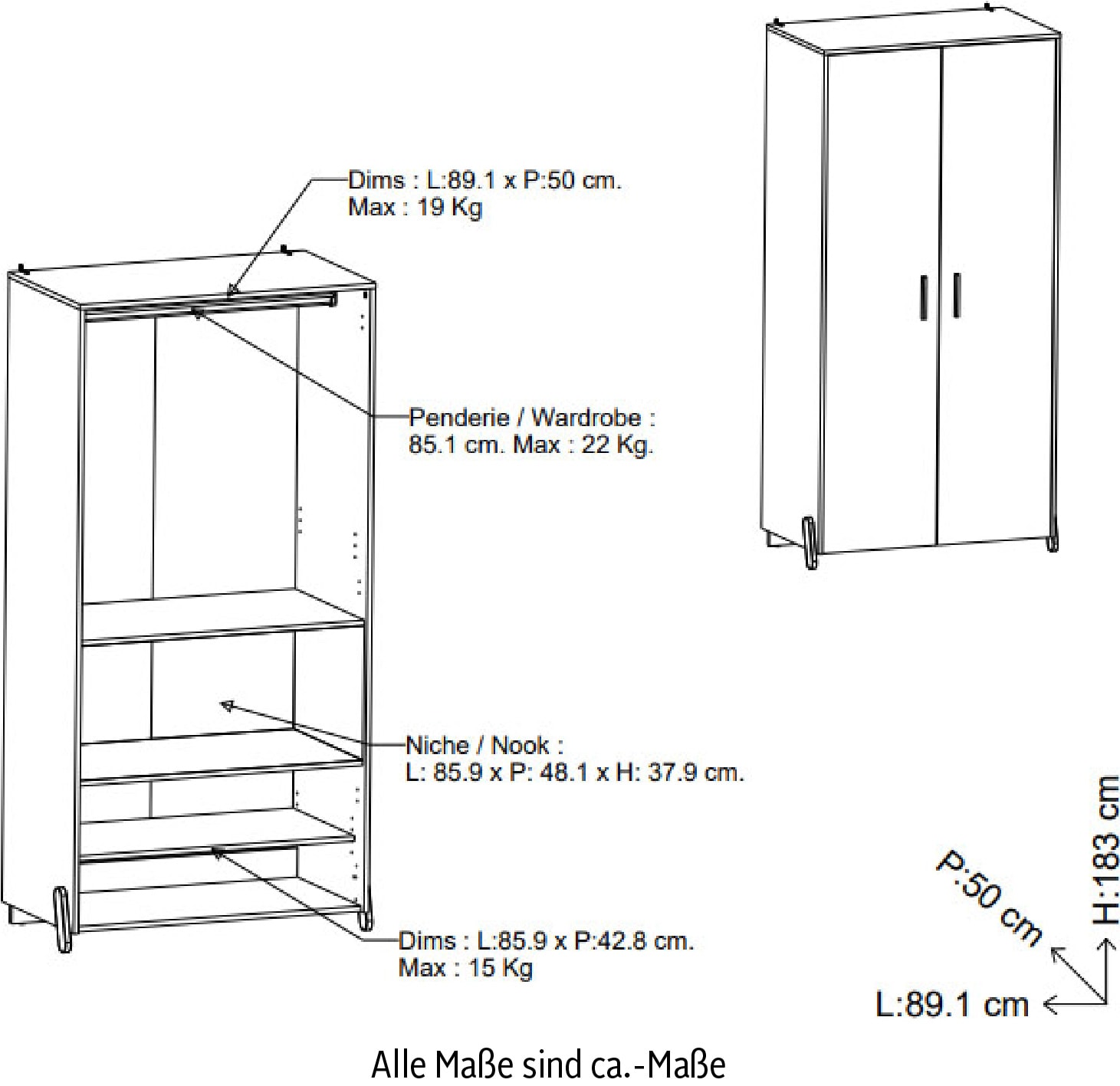 Demeyere GROUP Kinderkleiderschrank »Naili«, (Packung), Schrank 2 Turen Weiss Hamilton