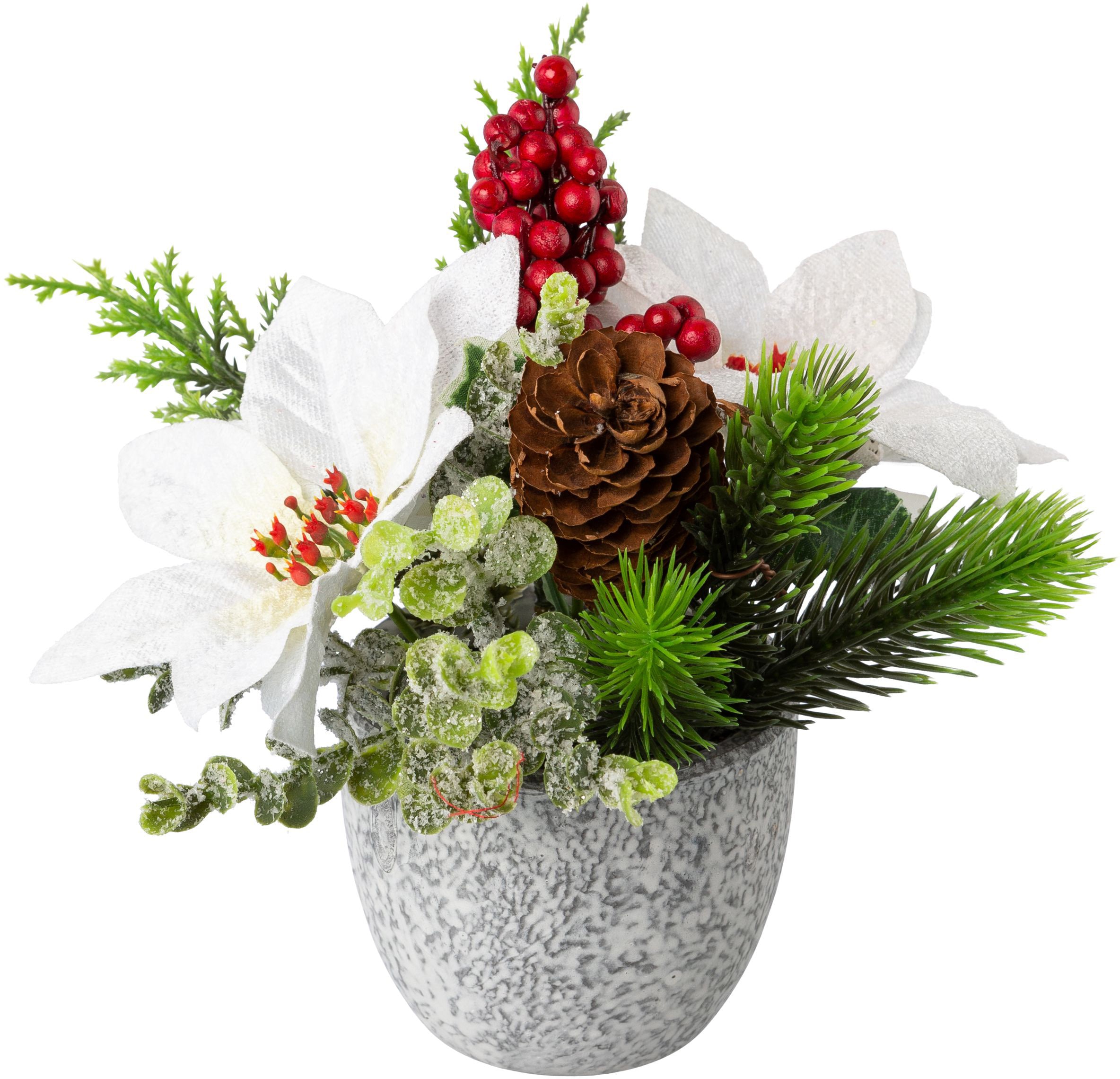 Creativ green Winterliche Kunstpflanze »Weihnachtsdeko«, im Zementtopf, mit Zapfen, Beeren und Zweigen