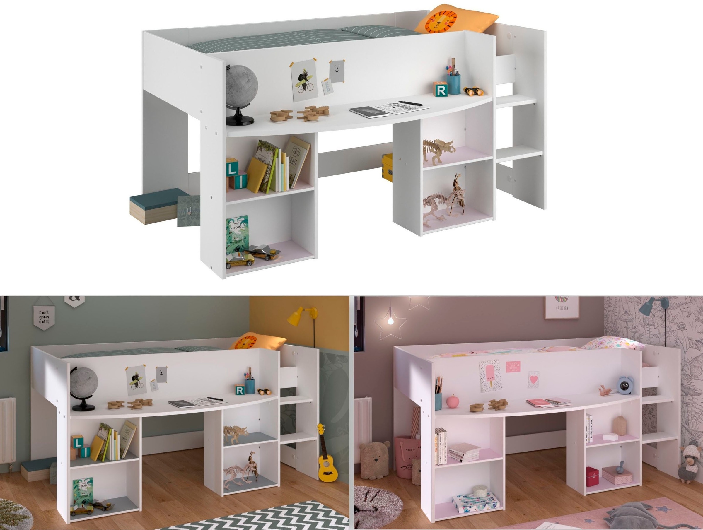Lit combiné Rue 90x200 avec bureau - blanc/gris ou blanc/rose