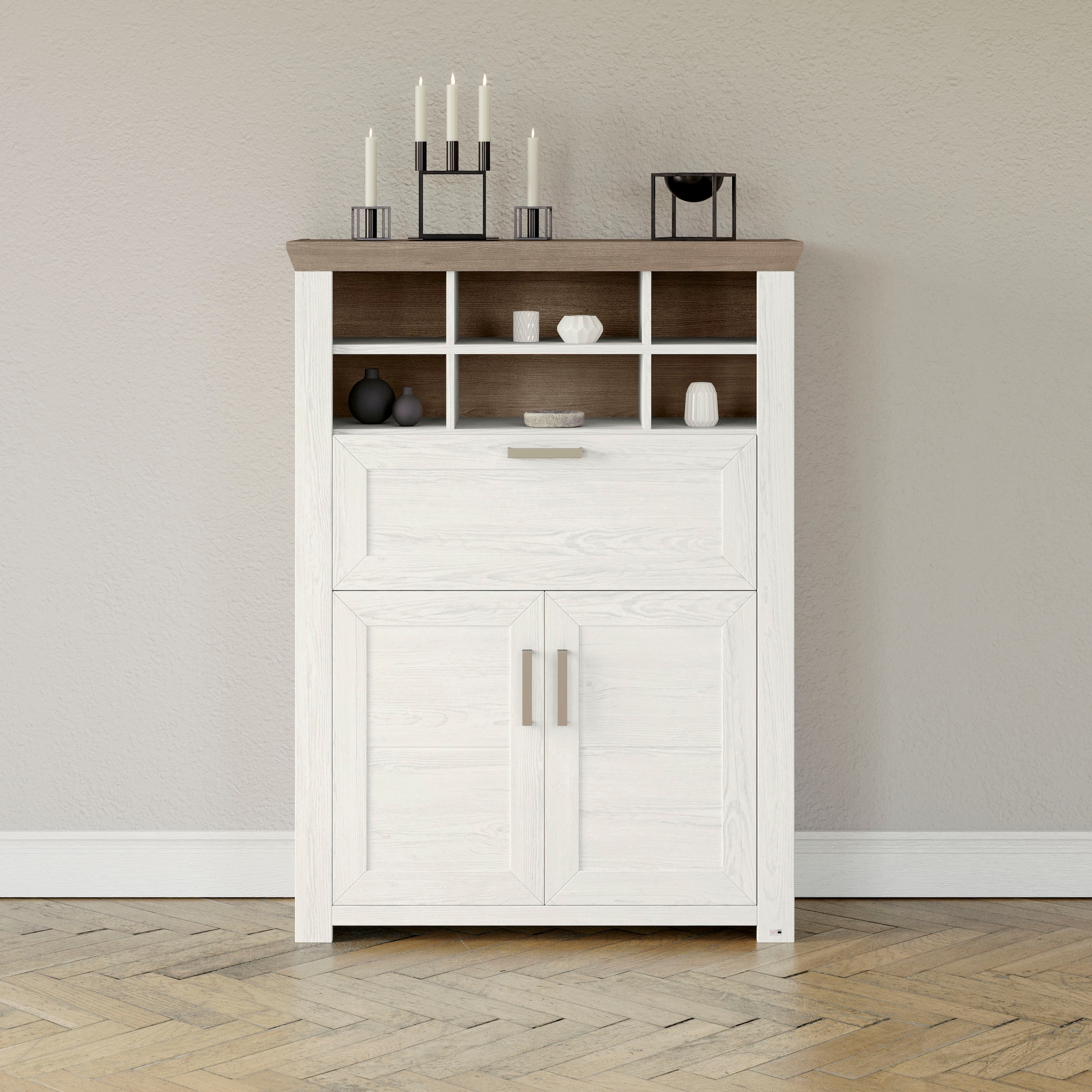 set one by Musterring Highboard "York", Typ 15, mit Holztüren und Klappe, Beleuchtung optional, Breite 105 cm