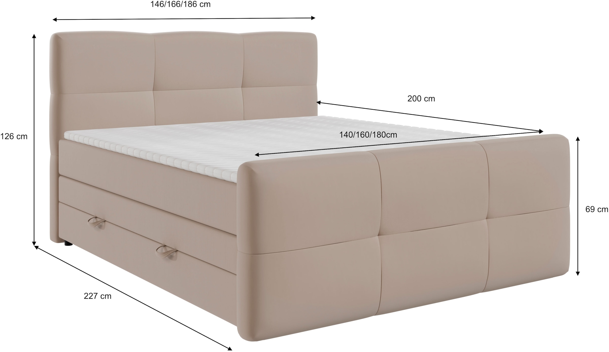 FORTE Boxspringbett »STAR erhältlich in den Breiten 140cm, 160cm & 180cm, inkl. Bettkasten« inkl. Fußteil, erhältlich in verschiedenen Farben