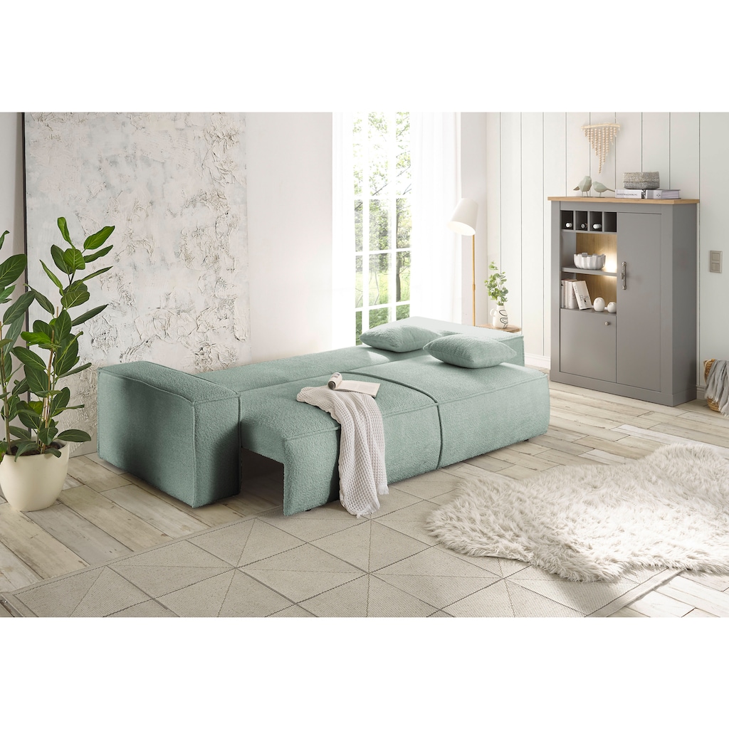 andas 3-Sitzer »FINNLEY Schlafsofa 257 cm, Schlaffunktion mit Bettkasten (200/136cm),«, in Aqua Clean-Bouclé u. Struktur fein