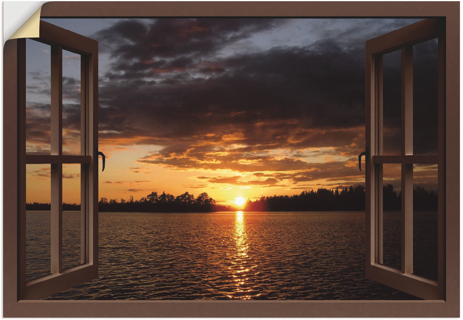 Black Friday Artland Wandbild »Sonnenuntergang am See mit Fenster«,  Seebilder, (1 St.), als Alubild, Leinwandbild, Wandaufkleber oder Poster in  versch. Größen | BAUR