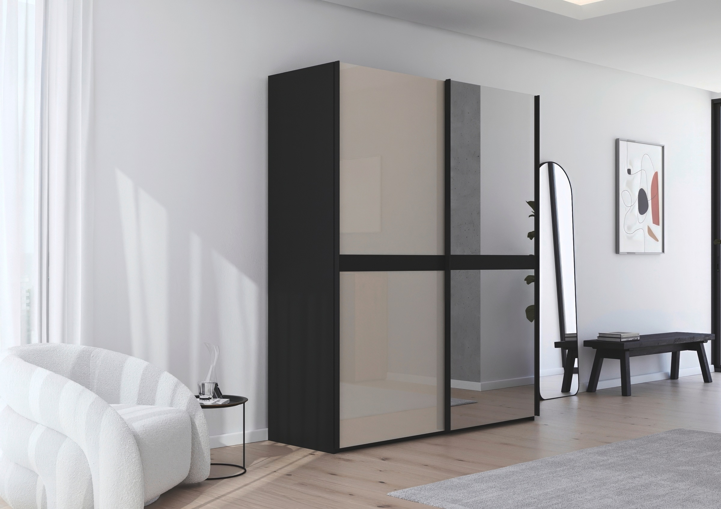 rauch Schwebetürenschrank »Kleiderschrank Schrank Garderobe Schlafzimmerschrank SCALE-LINE« edle Optik mit Bauchbinde mit Glas/Spiegel-Front MADE IN GERMANY