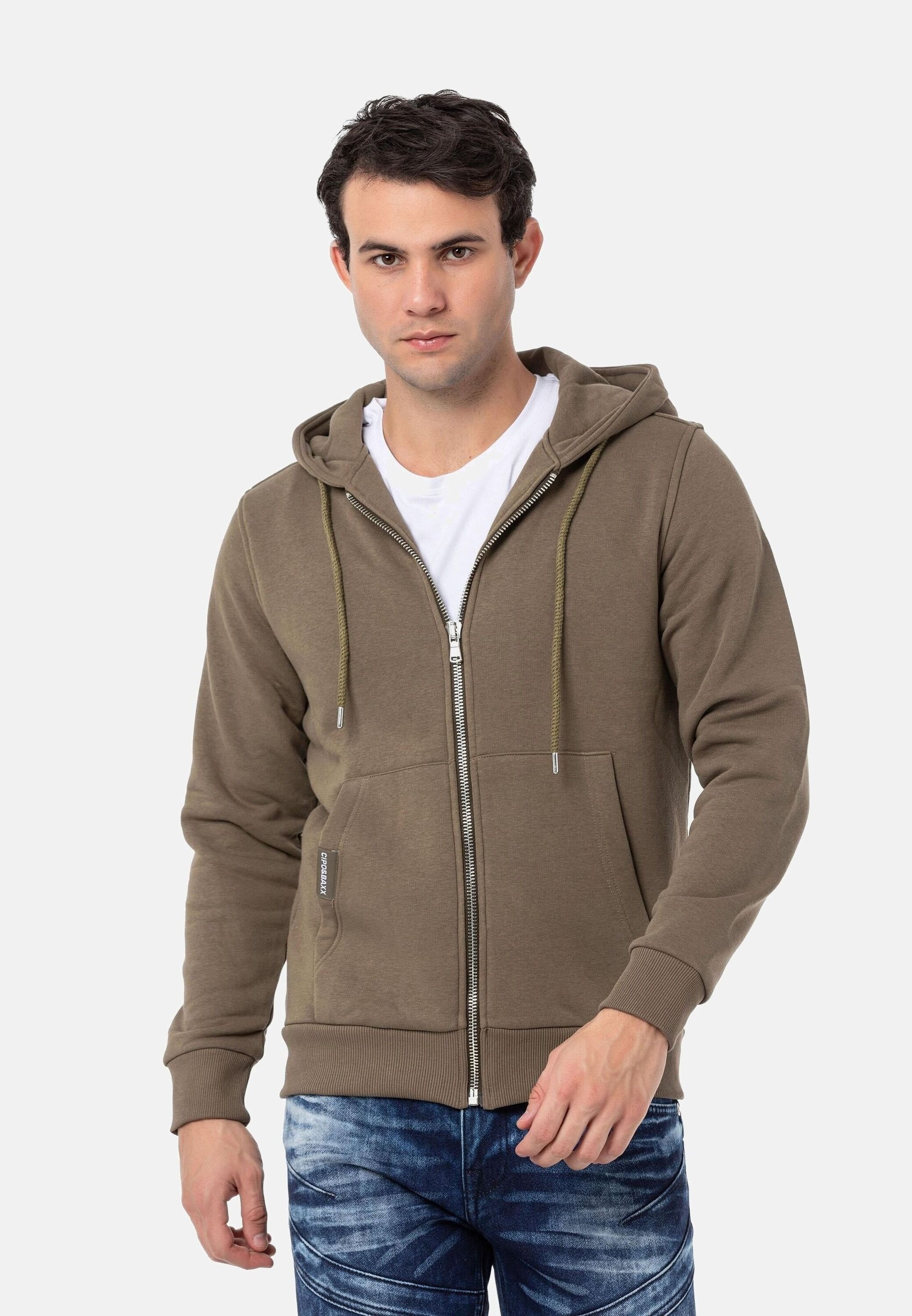 Sweatjacke CIPO & BAXX "Jacken", Herren, Gr. M, grün (khaki), 70% Baumwolle, 30% Polyester, unifarben, Basic, regular fit normal, Rippbündchen, Sweatjacken Sweatjacke, mit Kapuze, CL556