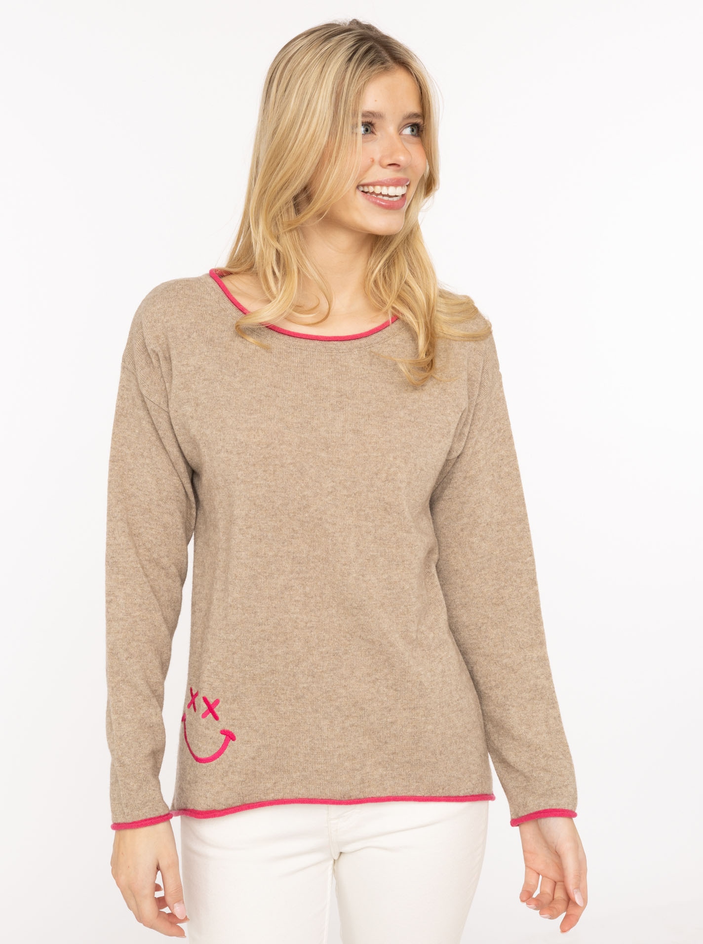 Zwillingsherz Rundhalspullover ""Happy Face"" Stickerei, aufgerollte kontra günstig online kaufen