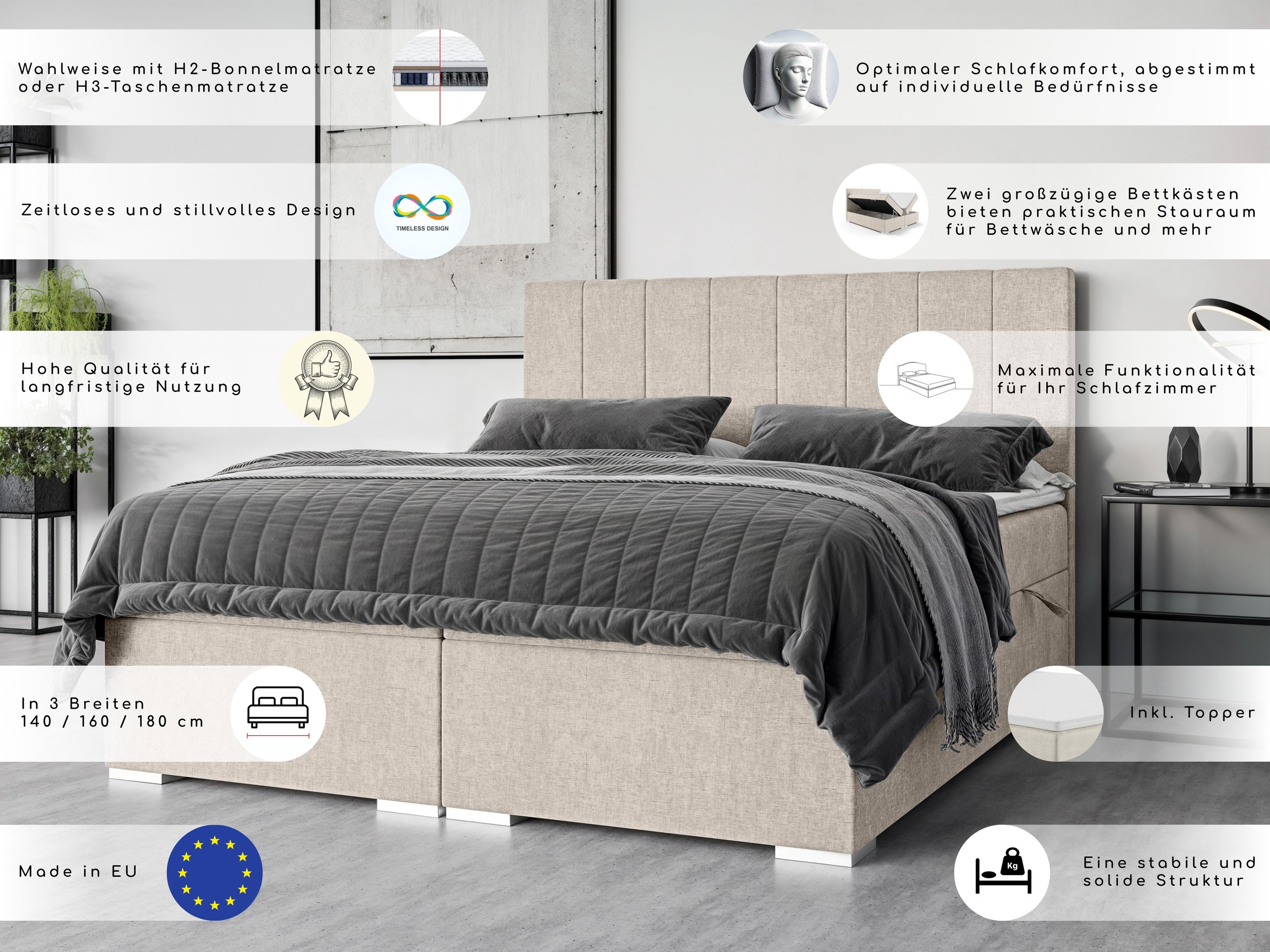 Places of Style Polsterbett »Ginoro mit Matratze und Topper, in 3 Breiten (140, 160 und 180 cm)«, Boxspringbett mit Kopfteil, Bettkasten, Matratze (BFK/TFK) und Topper