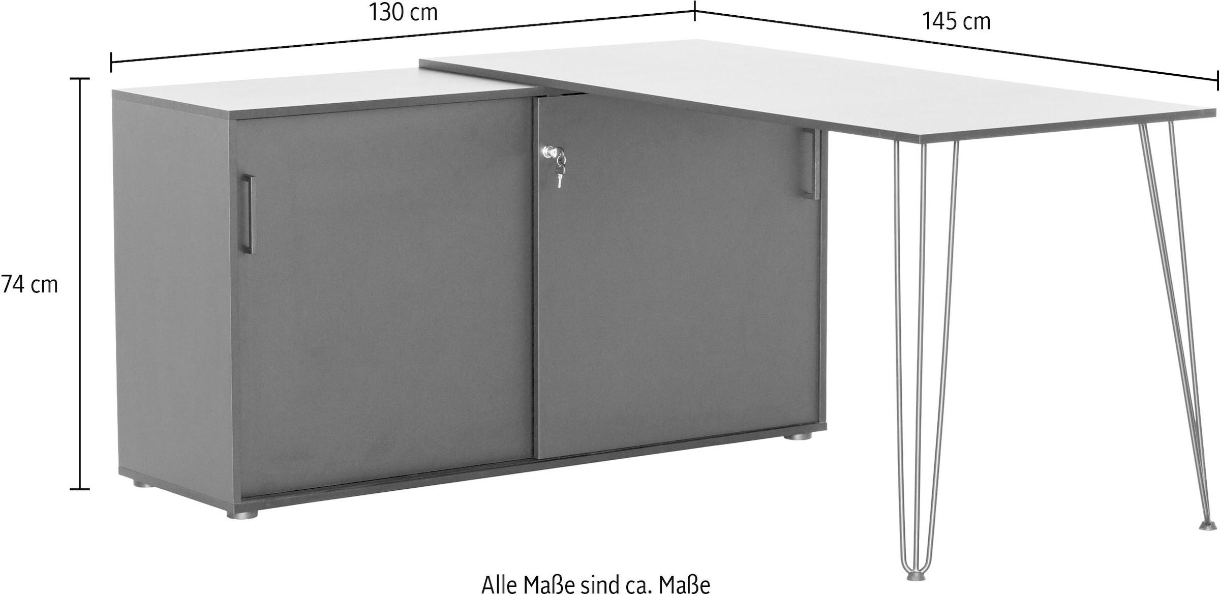 Schildmeyer Eckschreibtisch »Ekko, Breite 130 cm«, Metallbeschläge, Haarnadelfüße, Tischplatte beliebig montierbar