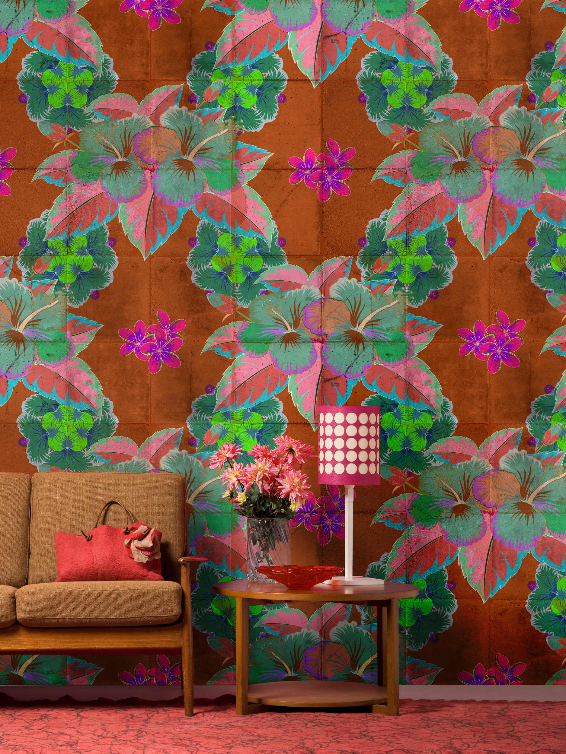 living walls Vliestapete "Florale Mustertapete Orange Grün Pink Blumenmuster" matt glatt