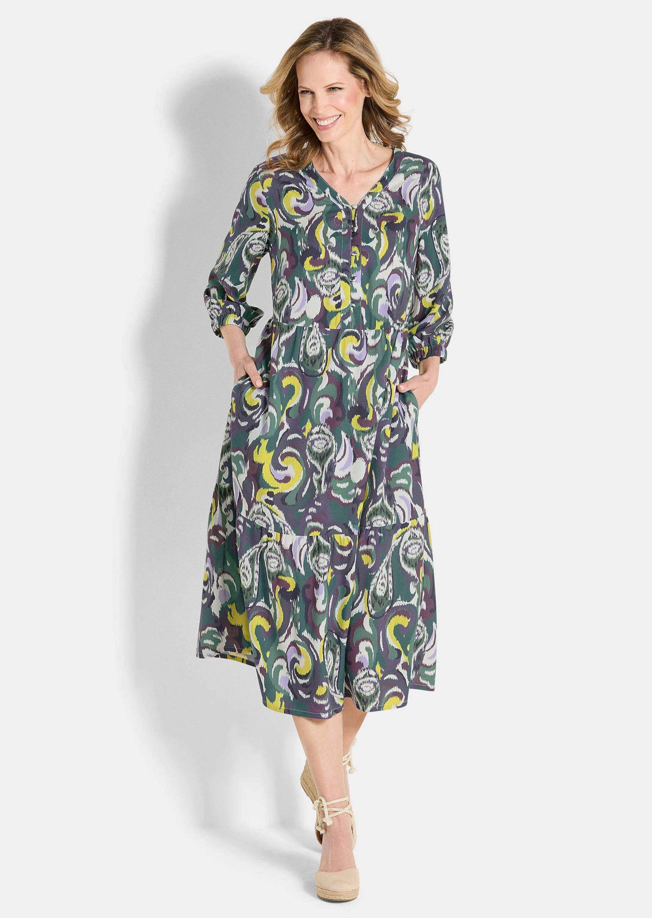 Sommerkleid GOLDNER "Kurzgröße Elegantes Viskosekleid mit Stufenrock", Damen, Gr. 24, K-Gr, grün (grün, gemustert), Obermaterial: 100% Viskose CV., Kleider Sommerkleid, ausgestelltes Rockteil 2