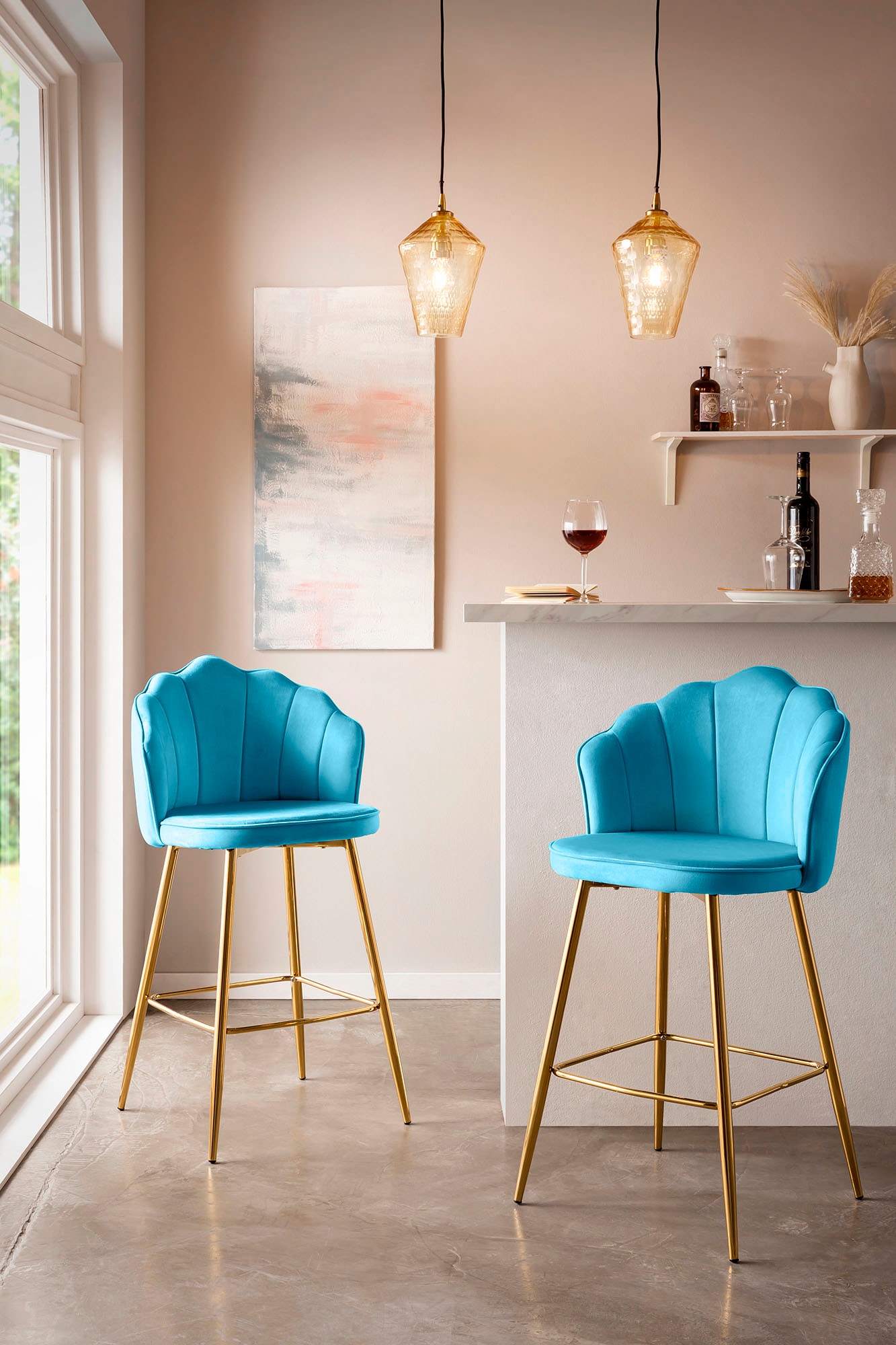 Barhocker SALESFEVER "Clam Barstuhl mit Stil", blau (blau, gold), B:52cm H:100cm T:54cm, Samt (100% Polyester), Metall, Hocker, Barhocker, Extravagantes Muscheldesign im praktischen 2er Set