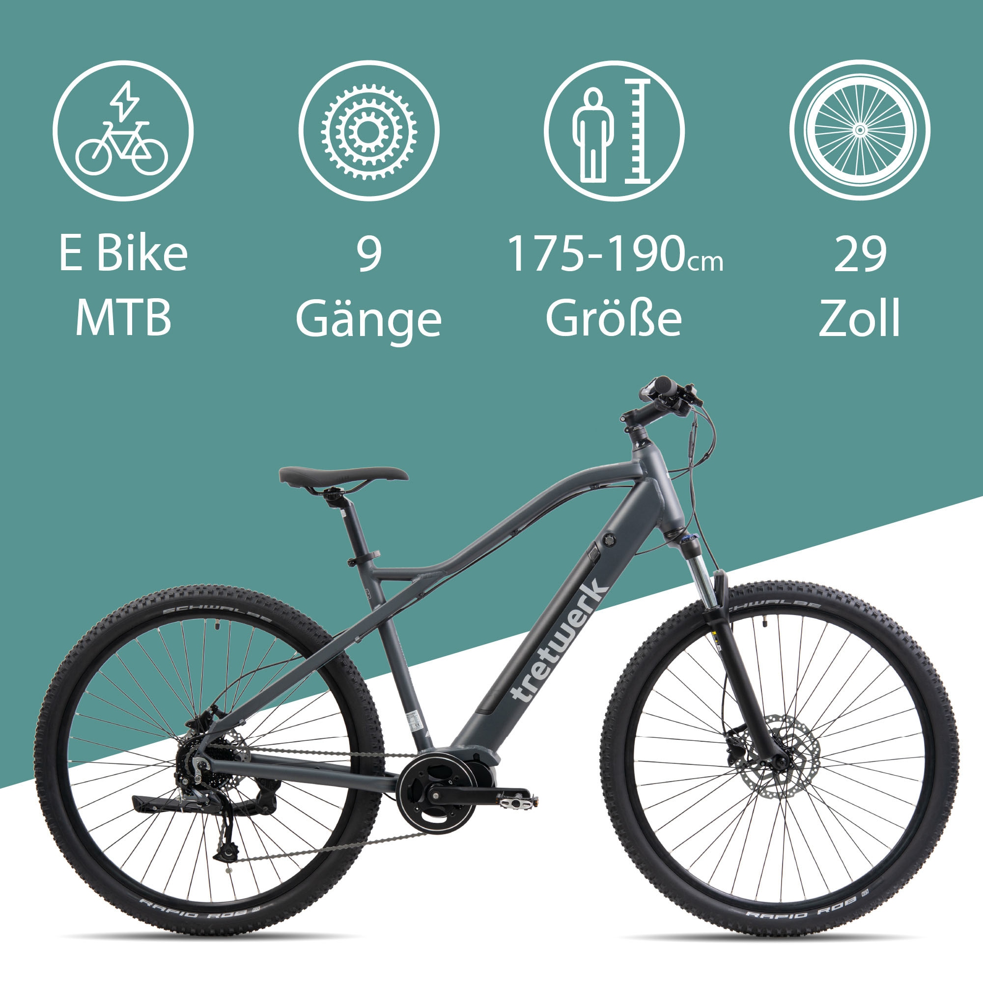 Tretwerk E-Bike »Commander«, 9 Gang, Shimano, Altus SGS, Mittelmotor 250 W, Pedelec, Elektrofahrrad für Damen u. Herren, MTB