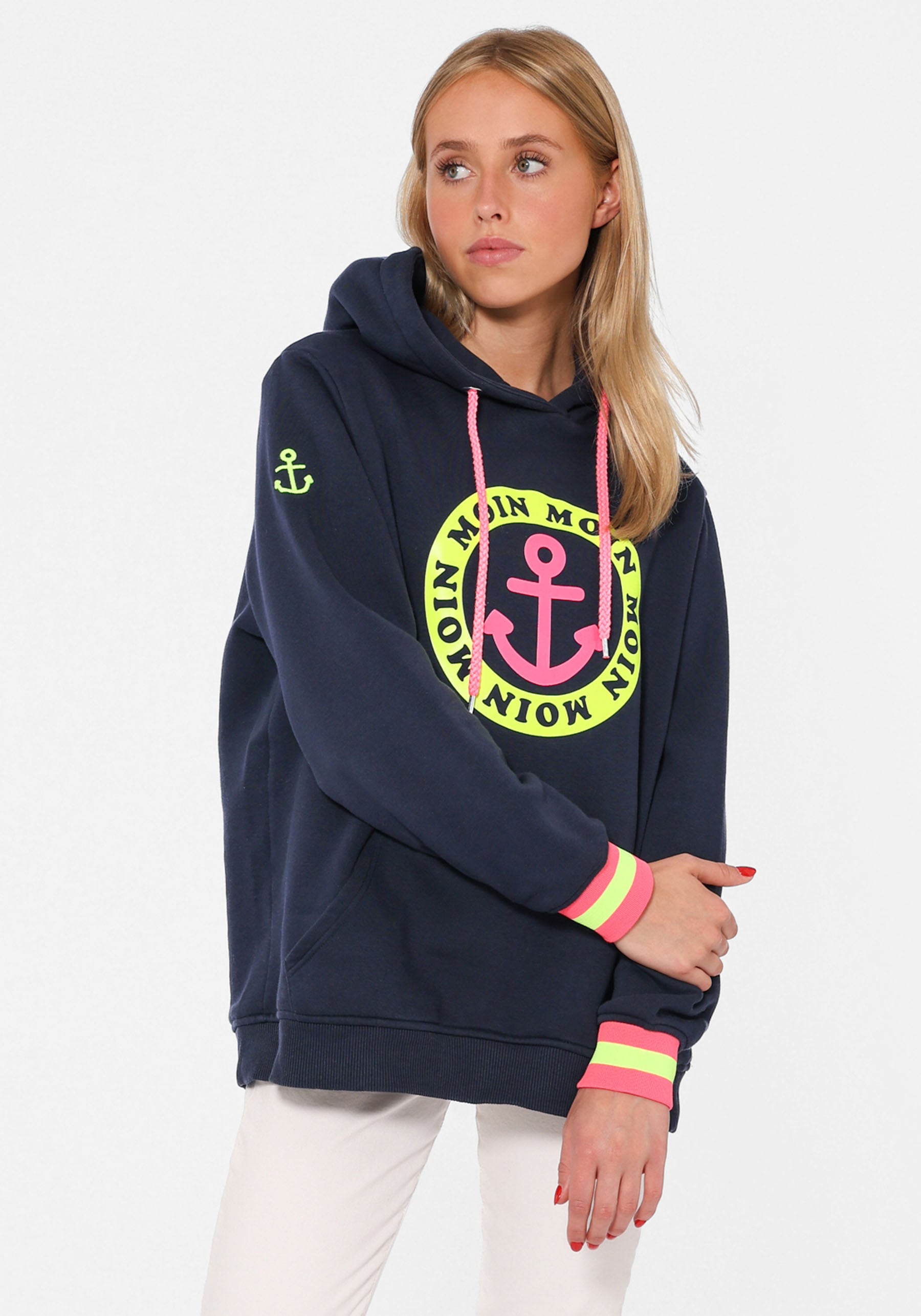 Hoodie, mit Aufschrift Moin und Anker in Neonfarben