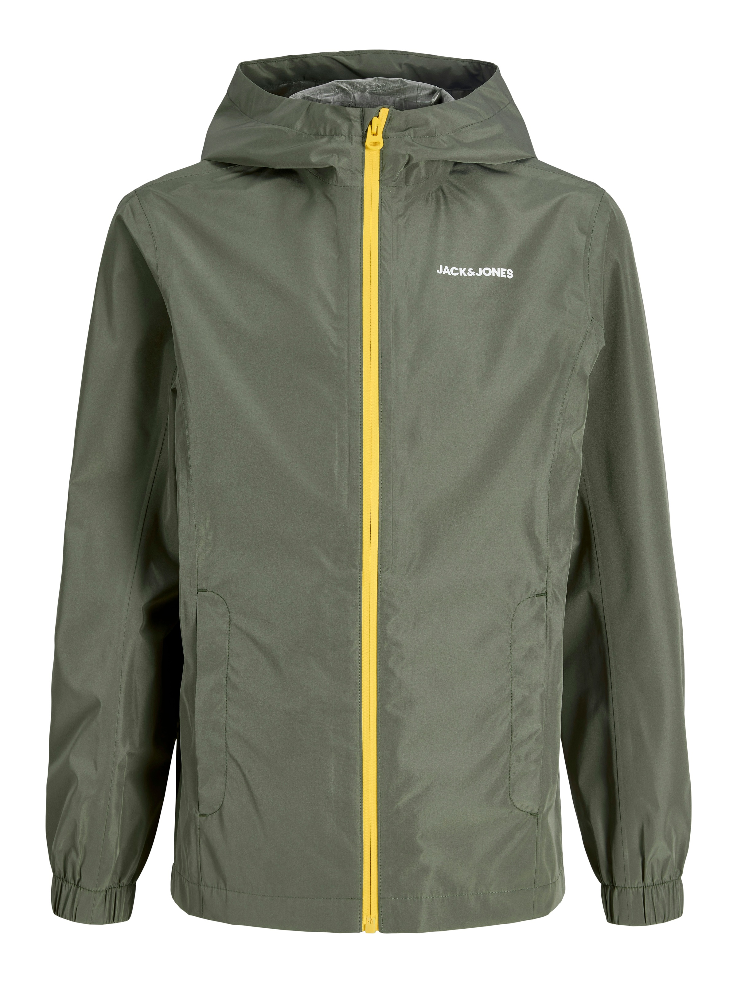 Jungen Regenjacke "JJEFLYNN RAIN JACKET SN JNR"dusty olive detail:solar power, Gr. 164, JACK & JONES JUNIOR, unifarben mit Farbeinsatz, Web,