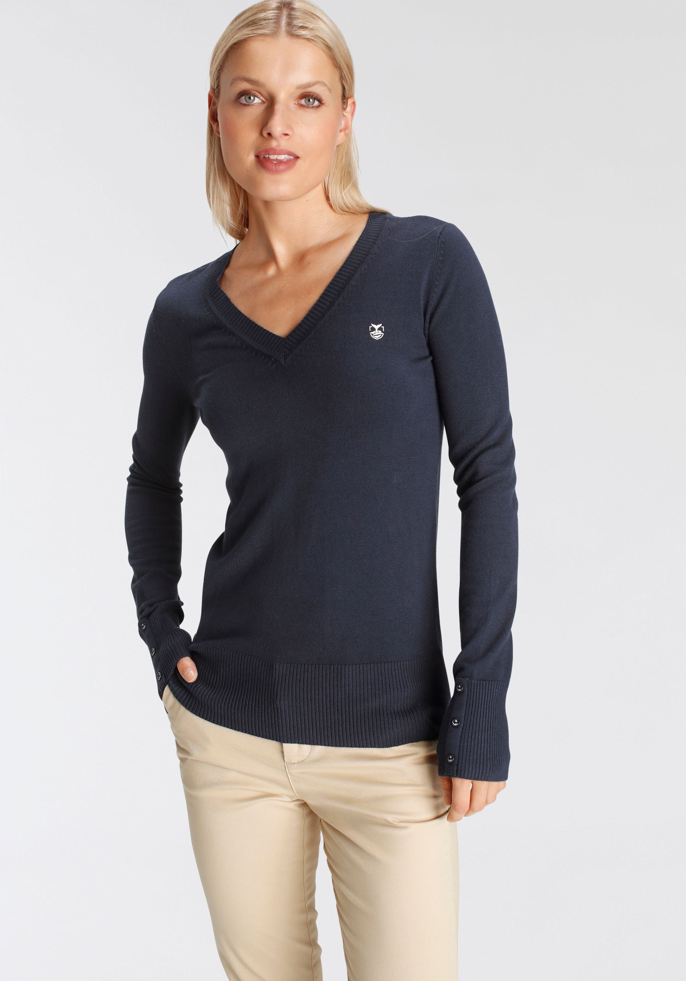 DELMAO V-Ausschnitt-Pullover mit kleinem Logodruck auf der Brust