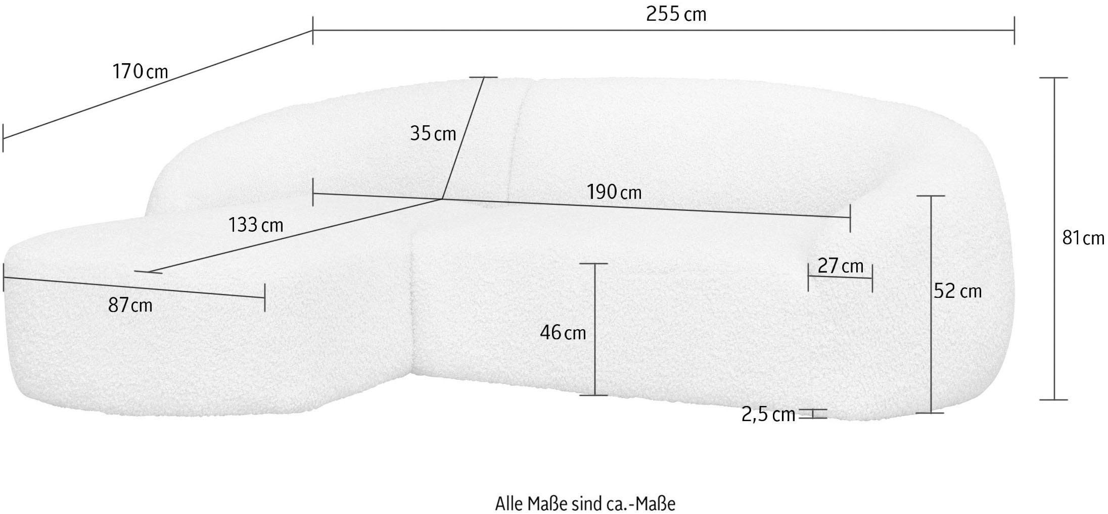 LeGer Home by Lena Gercke Ecksofa »YANI, L-Form, Designersofa, organische Form, Maße B/T/H: 255/170/81 cm«, mit Wellenunterfederung, auch in Bouclé, Recamiere rechts/links