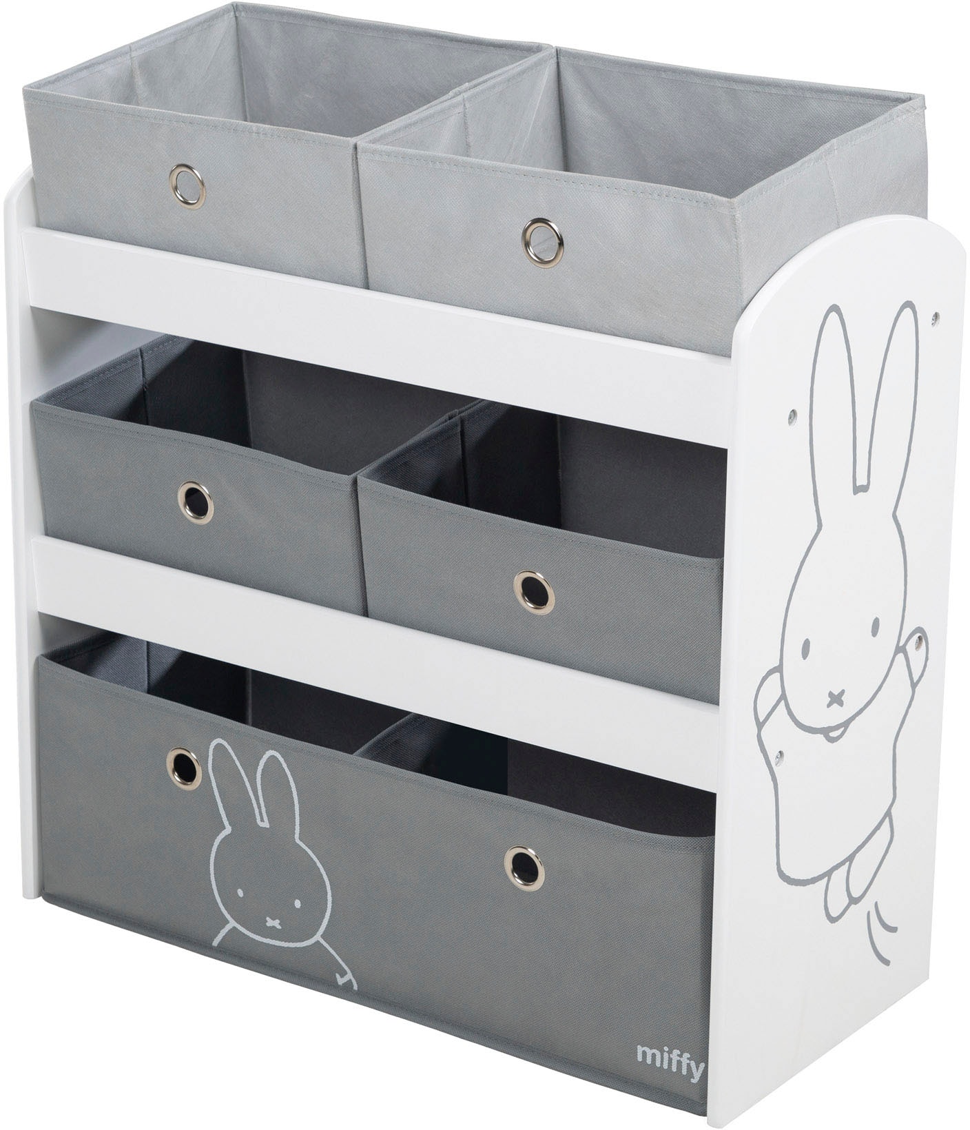 Kinderregal »miffy®, grau«, inklusive 5 Stoffboxen in 2 Größen