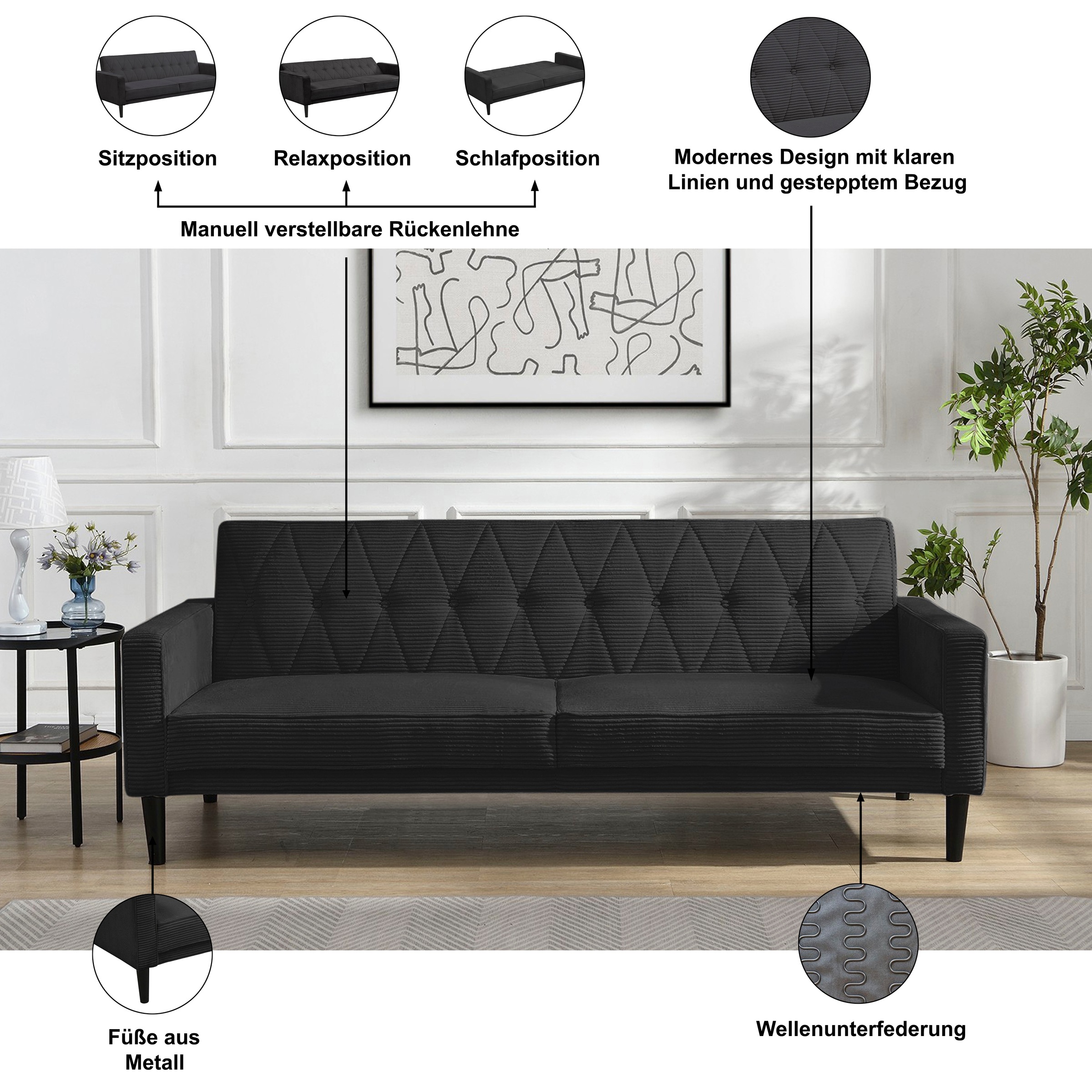 Thumbnail - Dorel Home 3-Sitzer "Avon" Schlafsofa 213cm, Bettfunktion (110/190cm), trendiger Cord o. Webstoff