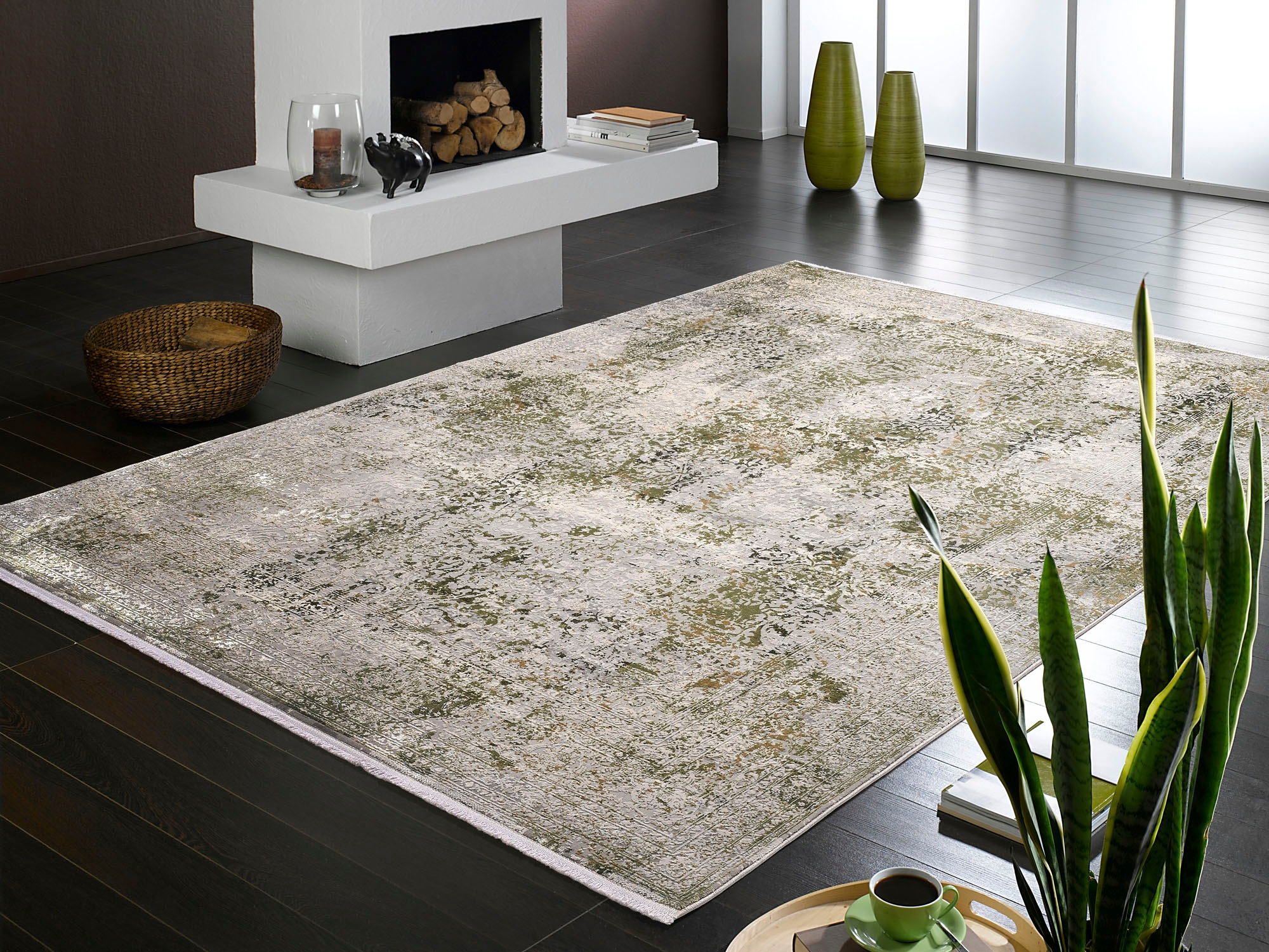 Teppich OCI DIE TEPPICHMARKE "BESTELLER CAVA", grün (grün, grau), B:240cm H:8mm L:300cm, Viskose, Teppiche, Teppich, Glanz Viskose, mit Fransen, Hoch Tief Struktur, Vintage, Wohnzimmer