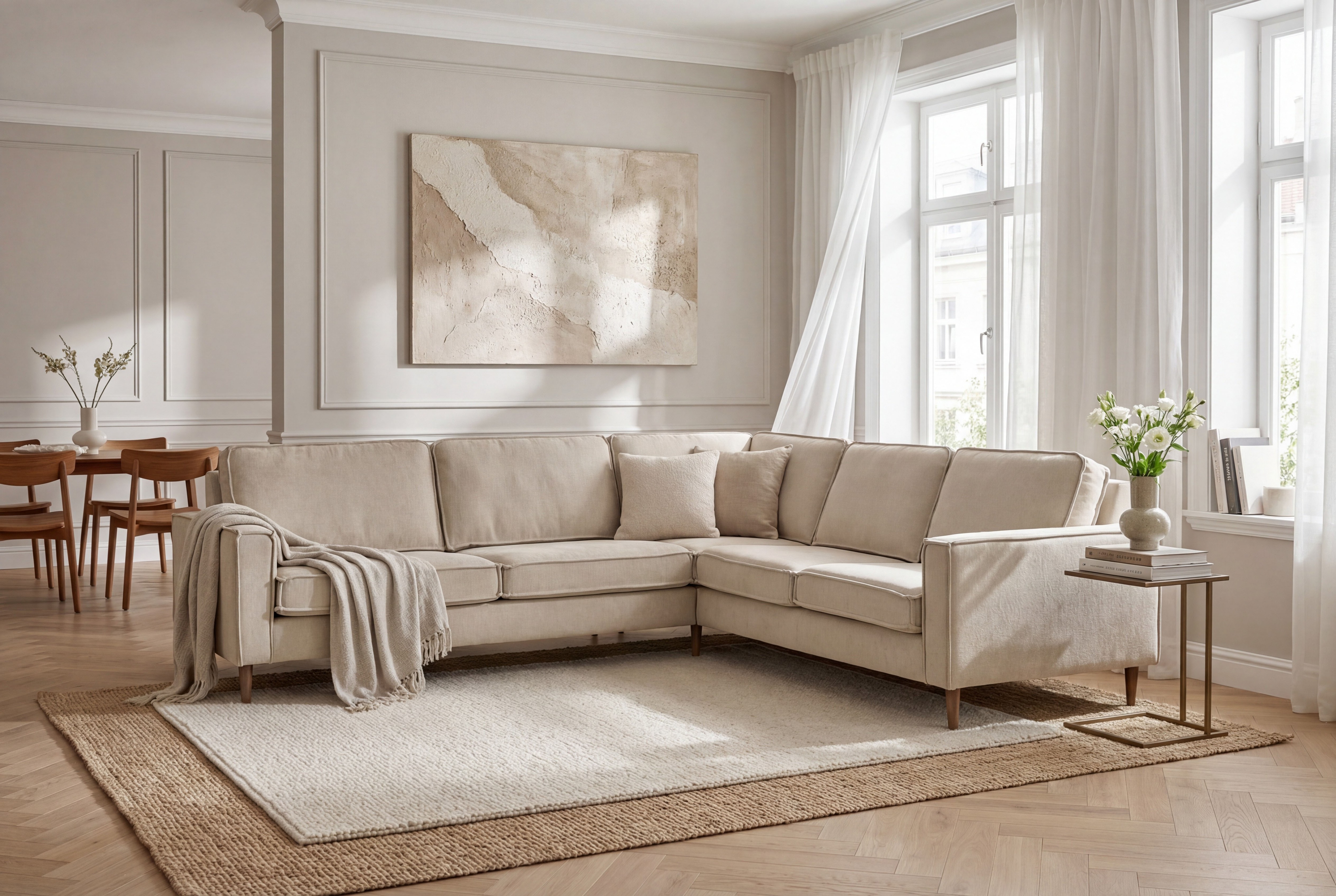 OTTO home Ecksofa "Pinto Skandi, 290 cm, Chenille, Struktur, Ottomane links / rechts" mit Keder, Massivholzfüße Eiche geräuchert, Wellenunterfederung