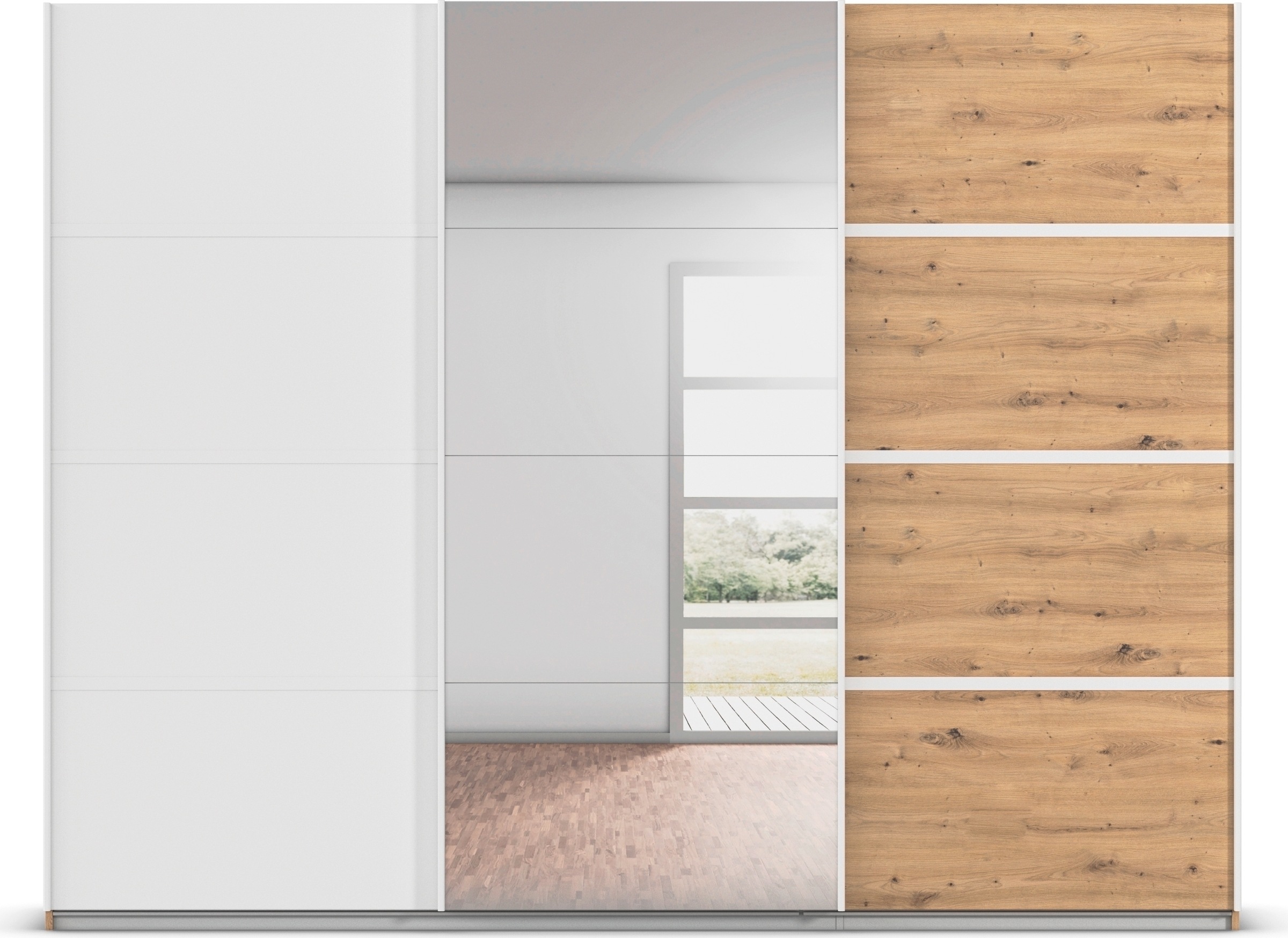 rauch Kleiderschrank »Schwebetürenschrank Garderobe Schrank TOP ANGEBOT Avola«, (in 3 verschiedenen Ausstattungen BASIC/CLASSIC/PREMIUM inkl. Spiegel), mit eleganten Zierleisten in Chrom, Schwarz oder Weiß MADE IN GERMANY