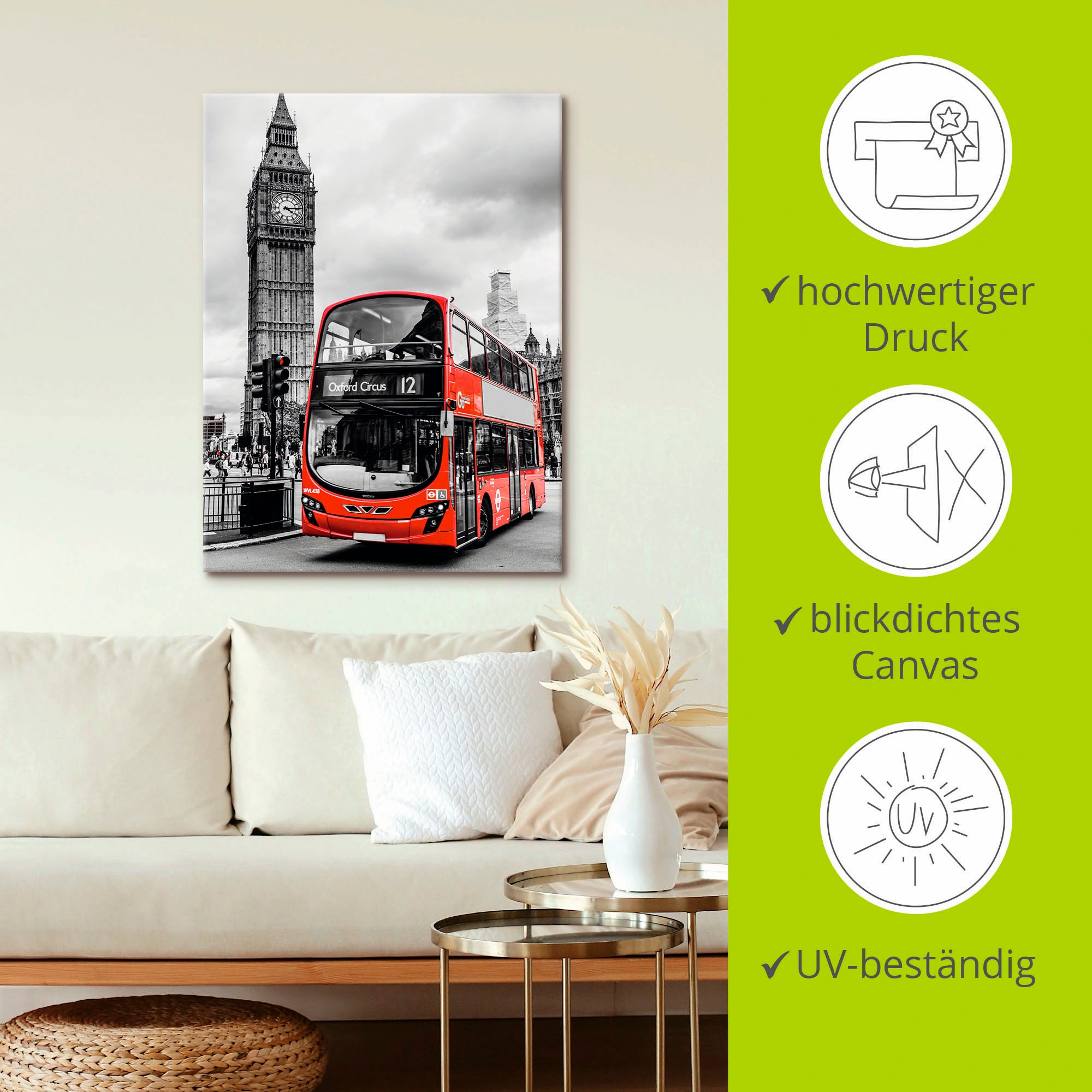 Artland Wandbild »London Bus und Big Ben«, Gebäude, (1 St.), als Leinwandbild, Poster in verschied. Größen