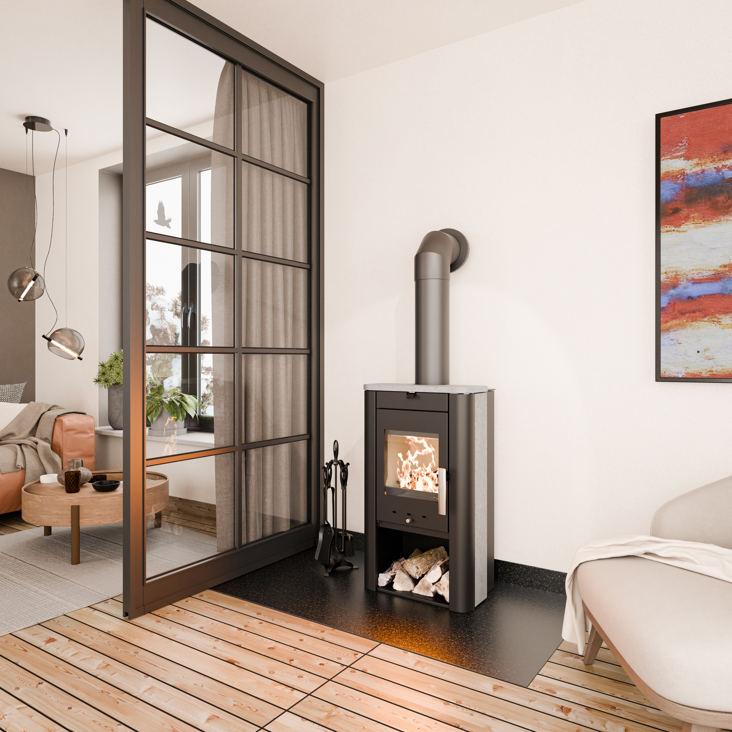 Haas + Sohn Kaminofen »PRUNUS II Stein tief-schwarz, Serpentino mit Holzfach«