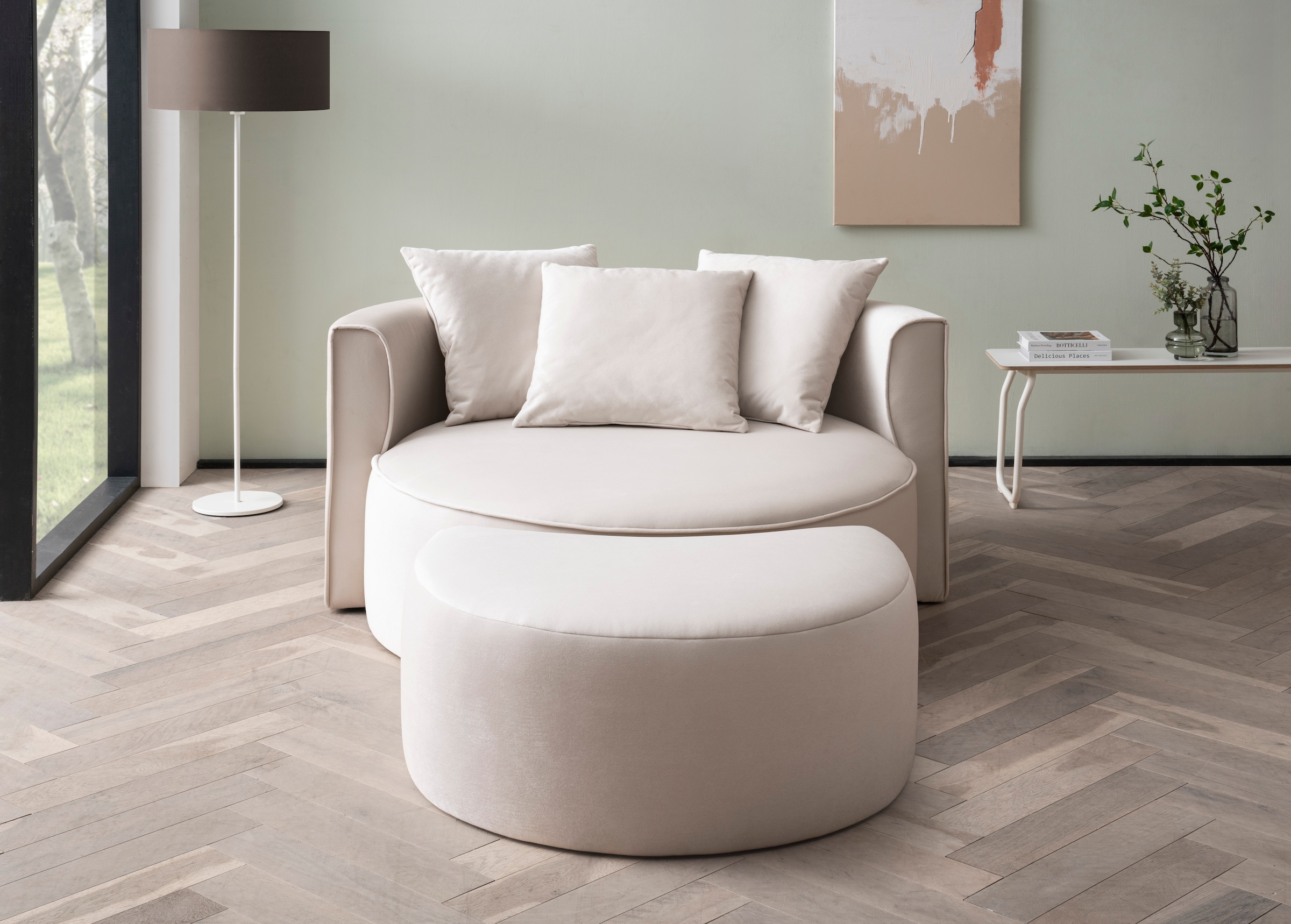 LeGer Home by Lena Gercke XXL-Sessel »Isalie, Rundsessel mit Hocker, Lesesessel, Loveseat, Big-Sessel«, (Set), trendige Stoffe, mit 3 Zierkissen, große Sitzfläche