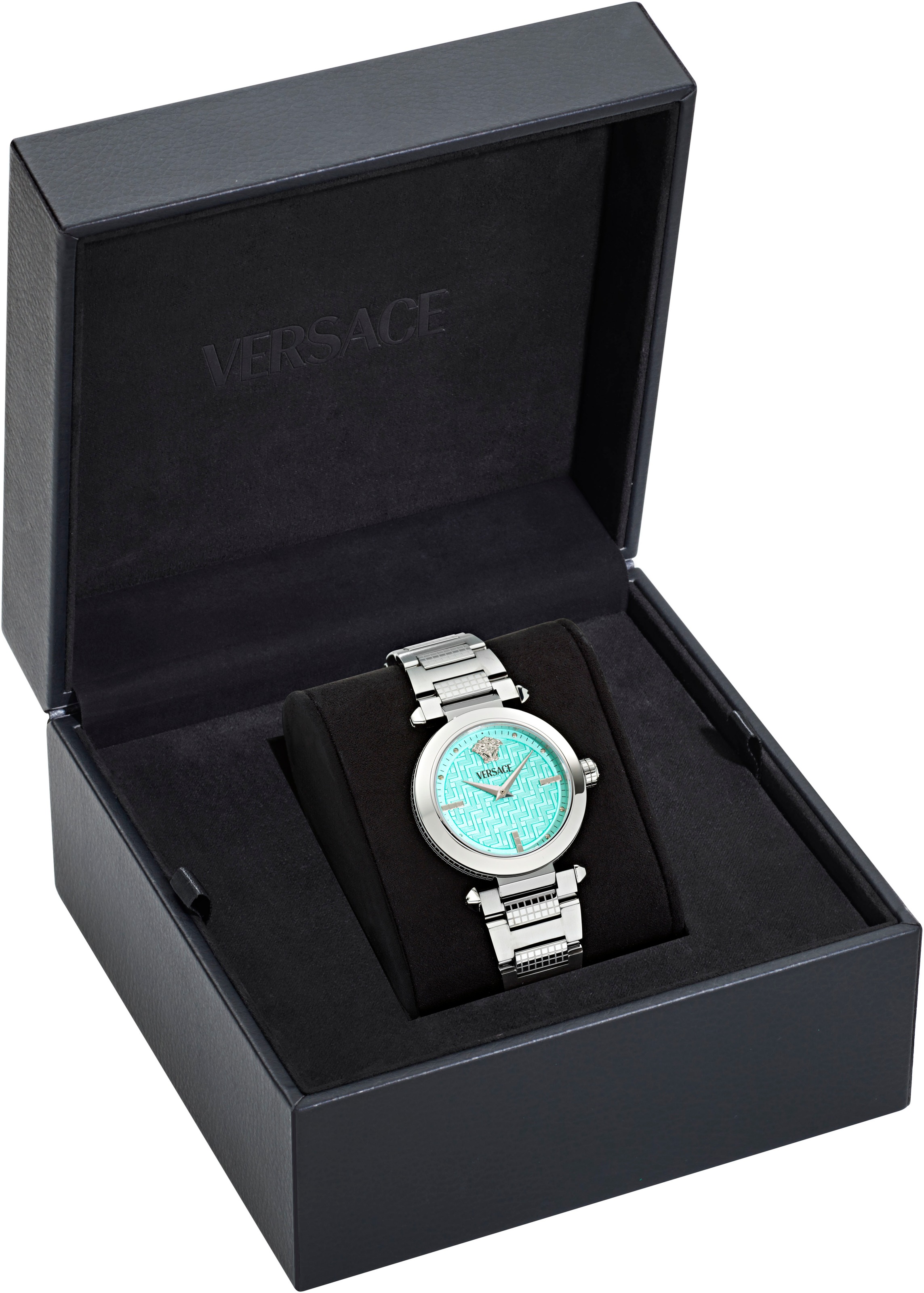 Versace Quarzuhr »VERSACE GREEK«, Armbanduhr, Damenuhr, Swiss Made, Edelstahlarmband, analog