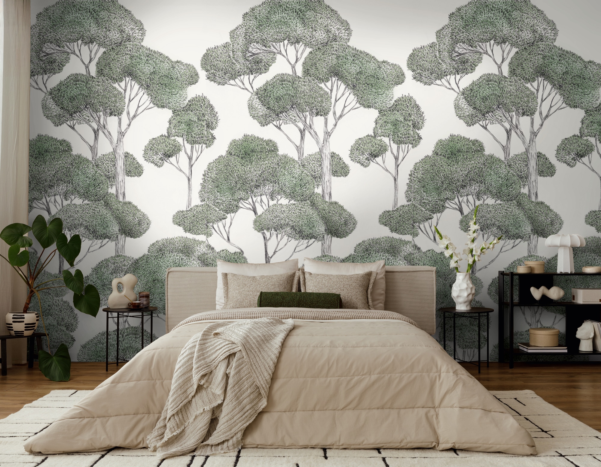 living walls Vliestapete »Vibes & Styles Silvanor – Forest Sketch Fototapete« Comic leicht strukturiert Stilisierte Baumlandschaft mit feinen Linien und ruhiger Tiefenwirkung