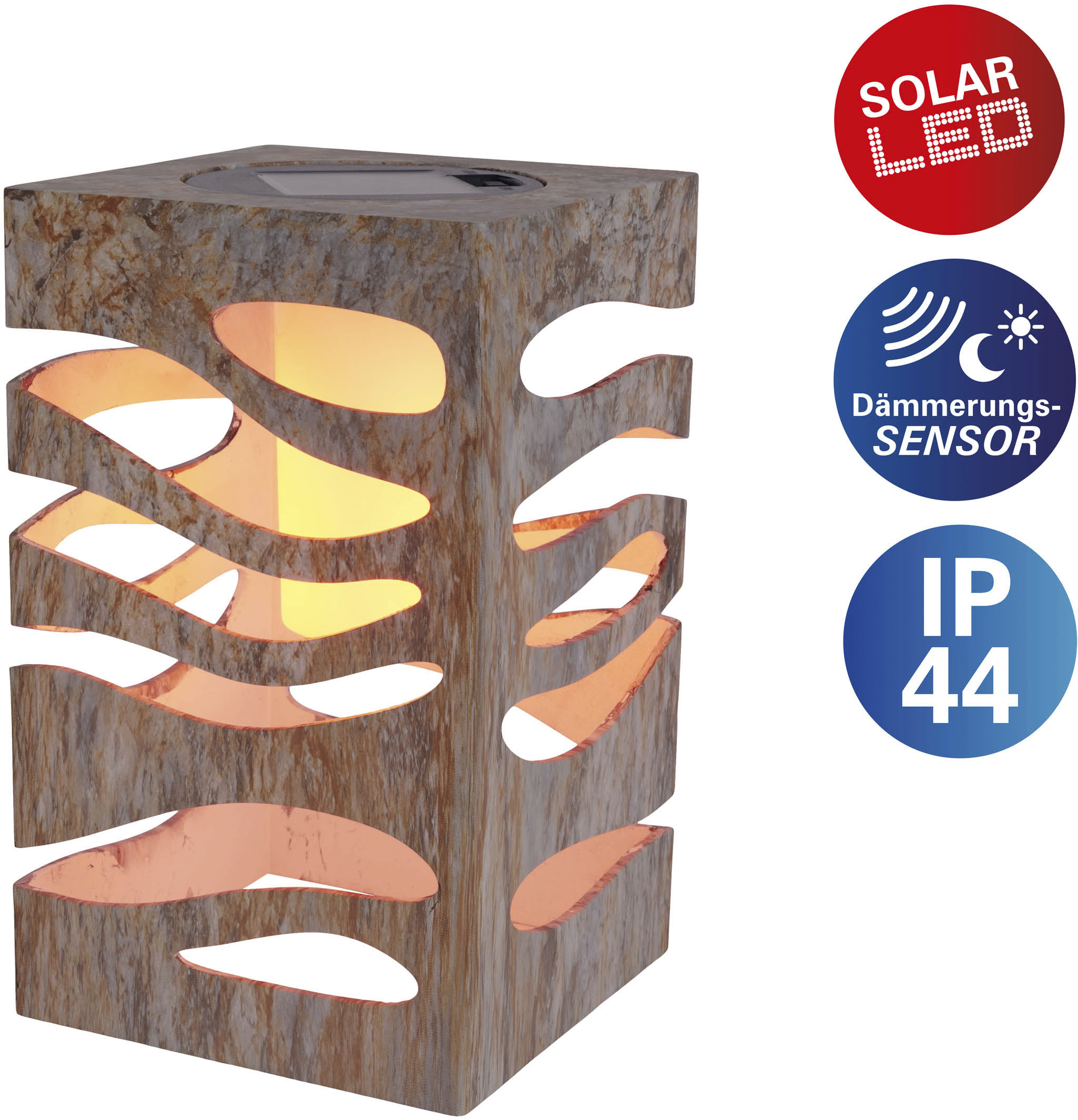 näve LED Solarleuchte "Hilda" LED-Modul 1 Stk. Warmweiß quadratisch, silber/beige Marmoroptik, Flammeneffekt, Dämmerungssensor