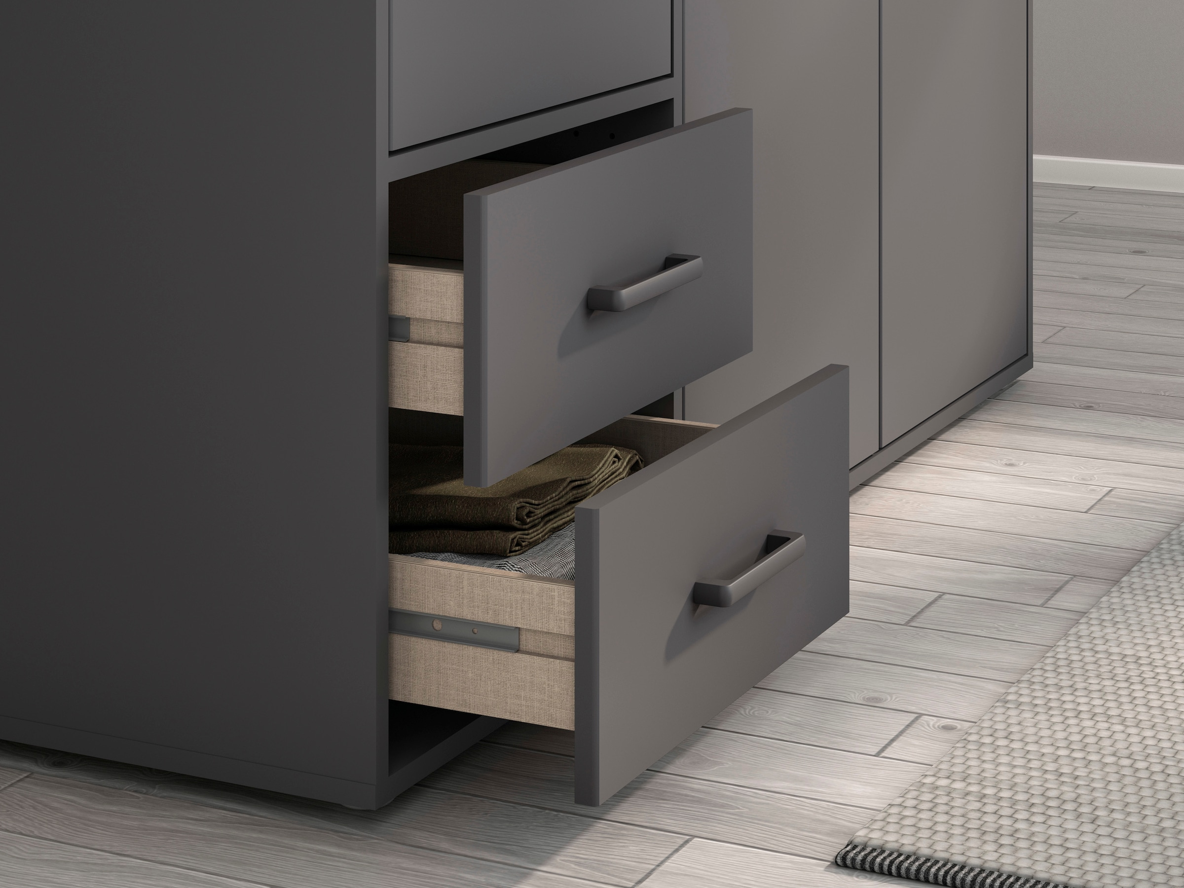 rauch Drehtürenschrank »Kleiderschrank Schrank Garderobe Wäscheschrank VOYAGER«, moderne Griffe in Graumetallic mit Außenschubkästen MADE IN GERMANY