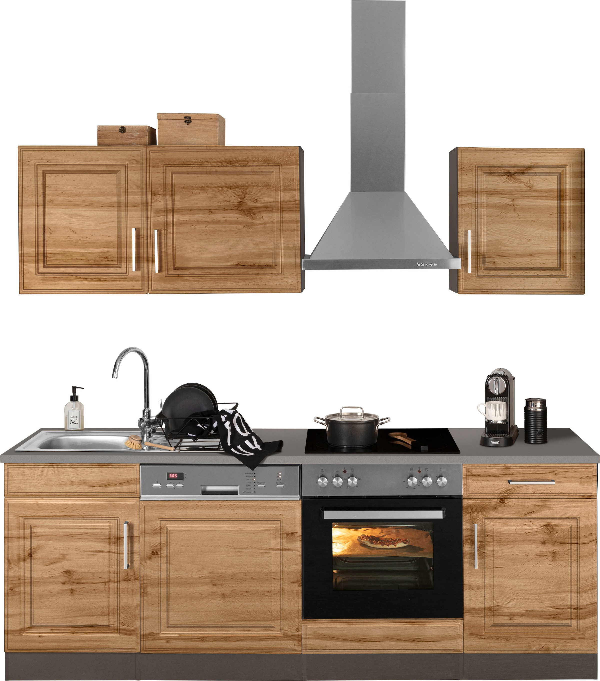 Küchenzeile »Stockholm«, Breite 220 cm, mit hochwertigen MDF Fronten im Landhaus-Stil