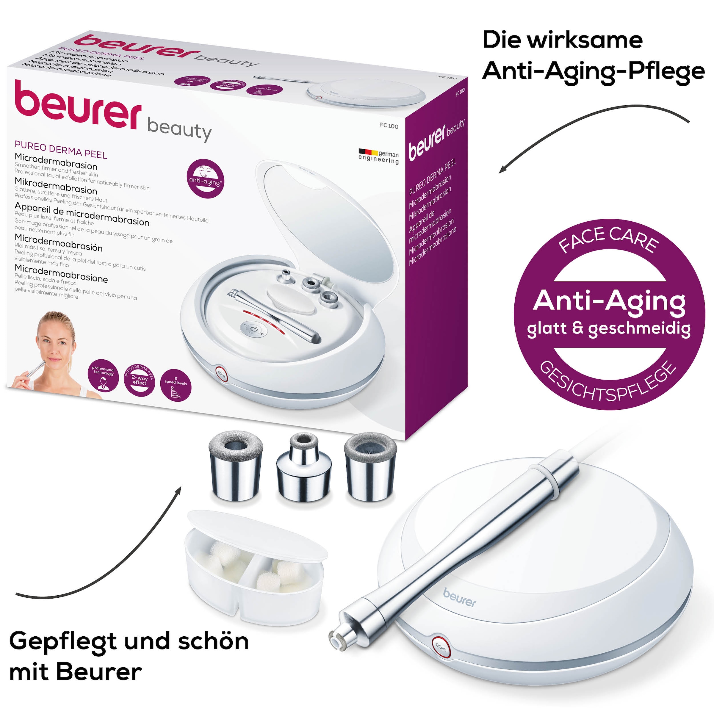 BEURER Mikrodermabrasionsgerät »FC 100 Mikrodermabrasionsgerät für ein revitalisierendes Peeling«, Mit 5 Intensitätsstufen und 3 hochwertigen Aufsätzen