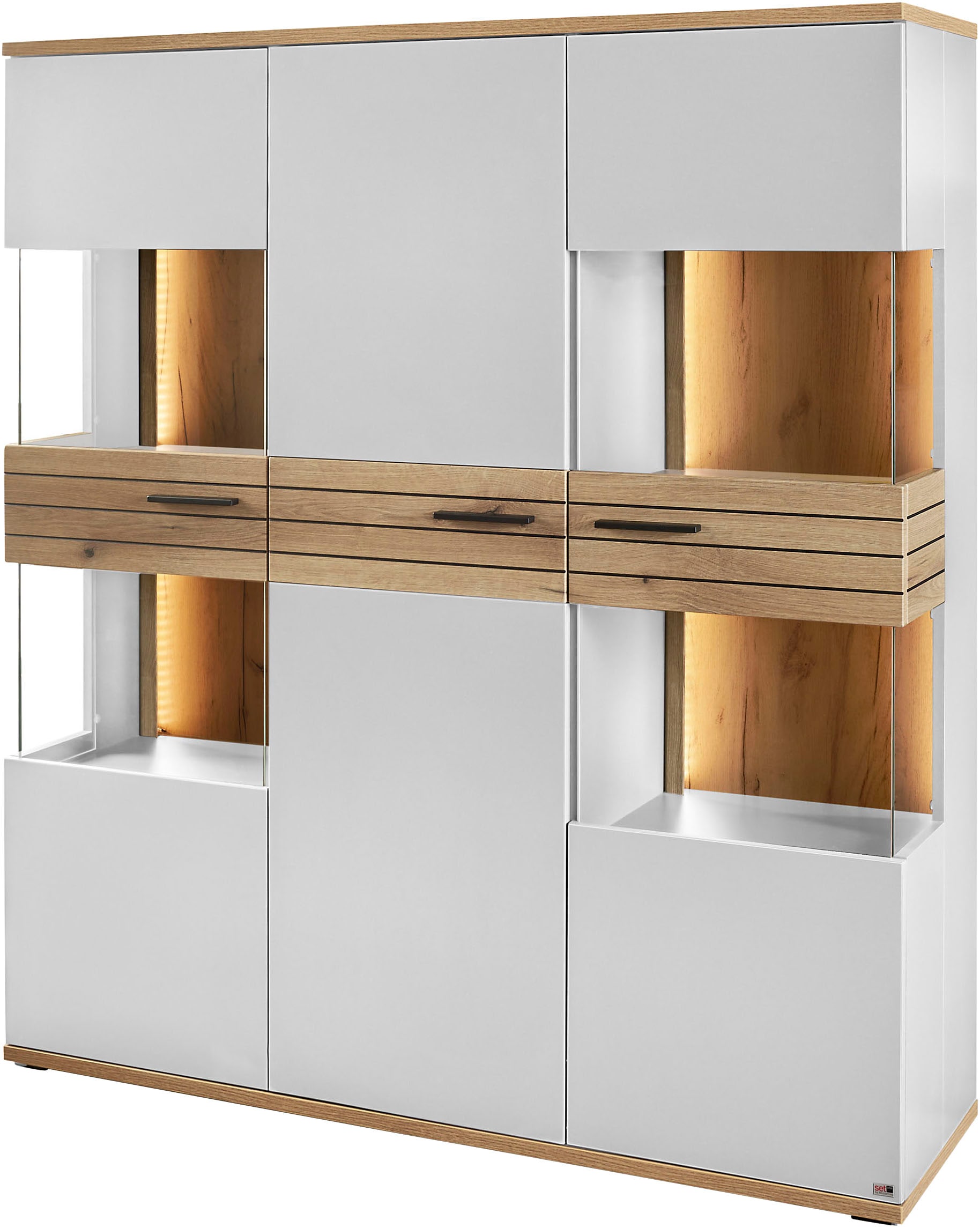 set one by Musterring Vitrine "Quincy" 1 Stk. tlg. Mit 4 Glasausschnitten und LED, in 2 Farben erhältlich, 134,8 cm