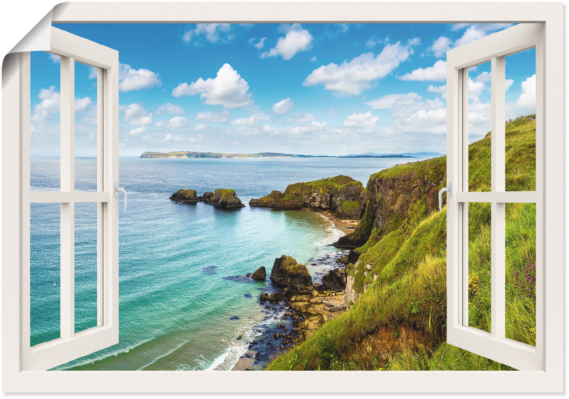 Black Friday Artland Wandbild »Küstenweg in Nordirland durchs Fenster«,  Meer Bilder, (1 St.), als Leinwandbild, Wandaufkleber oder Poster in versch.  Größen | BAUR