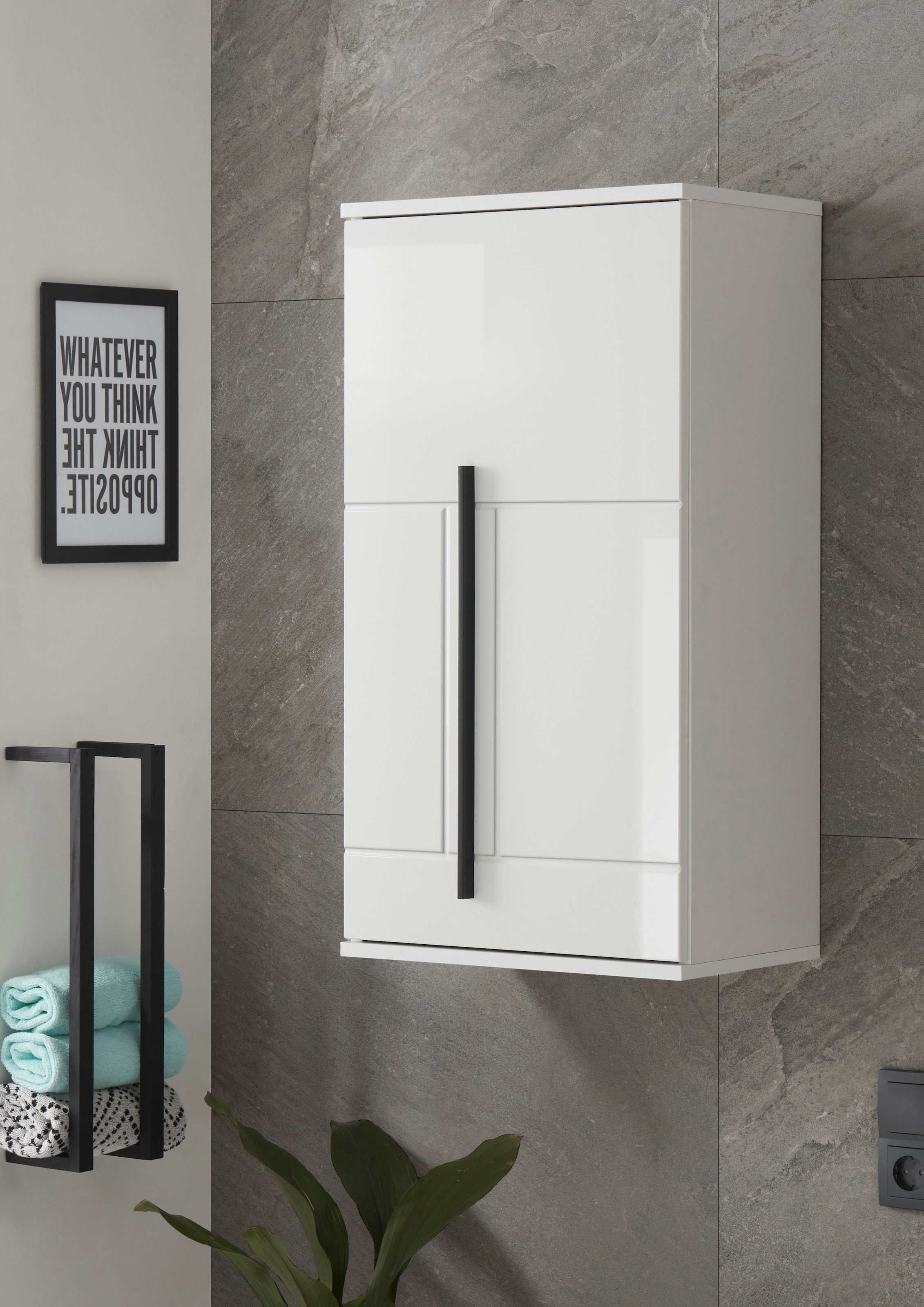 INOSIGN Hängeschrank »Cantara, Badschrank in Hochglanz Weiß, Hängeschrank im modernen Design«, mit schwarzen Griffen, ausreichend Stauraum