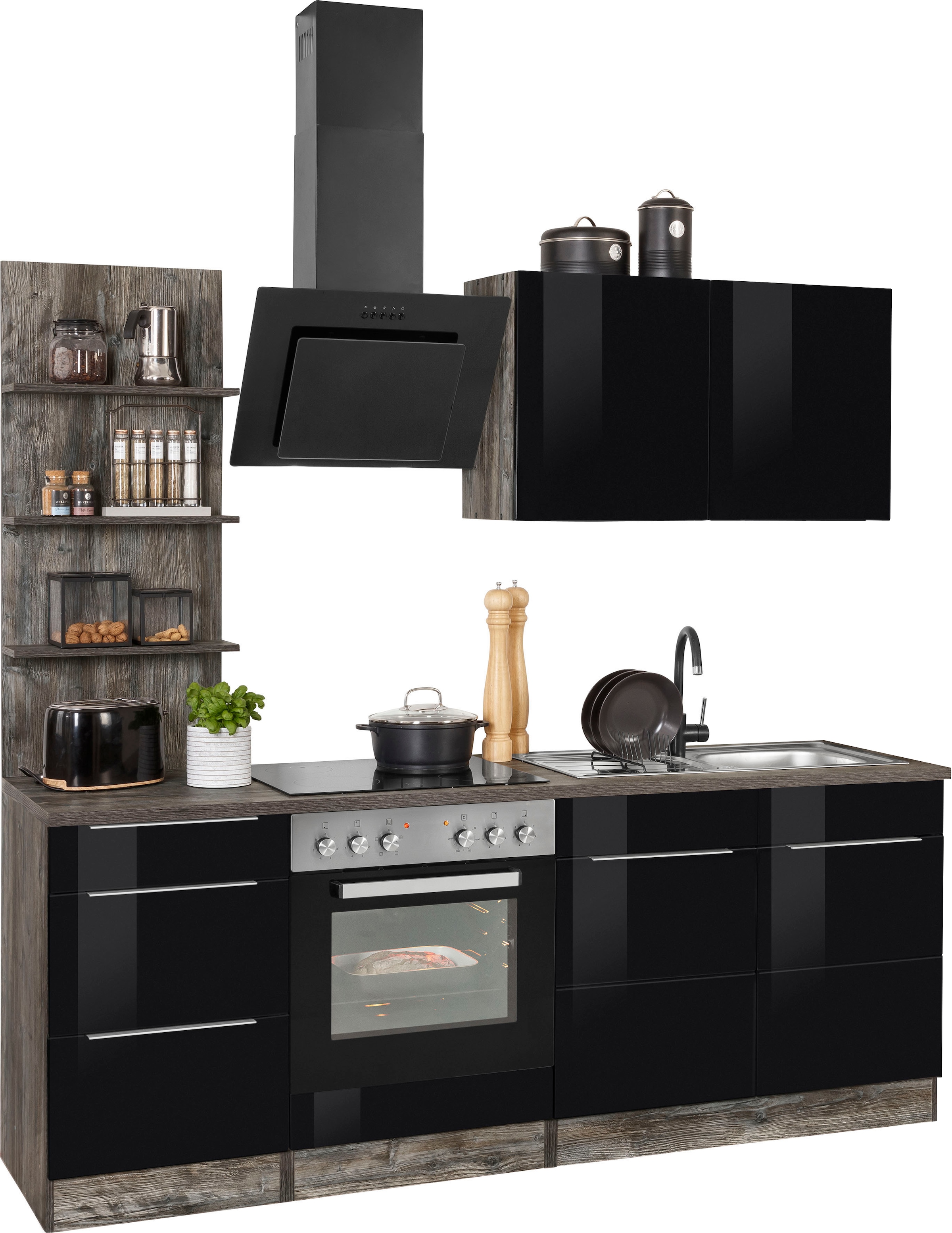 KOCHSTATION Küchenzeile »KS-Brindisi«, Breite 210 cm, wahlweise mit E-Geräten, mit MDF-Fronten und Regal
