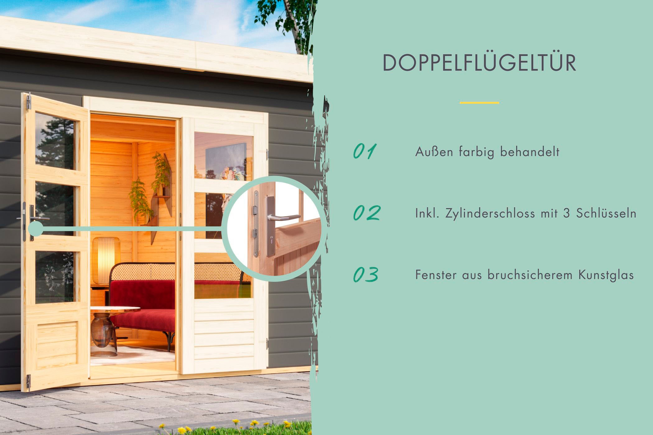 Karibu Gartenhaus »Schloßsee 5«, (Set), mit Anbaudach und Rückwand