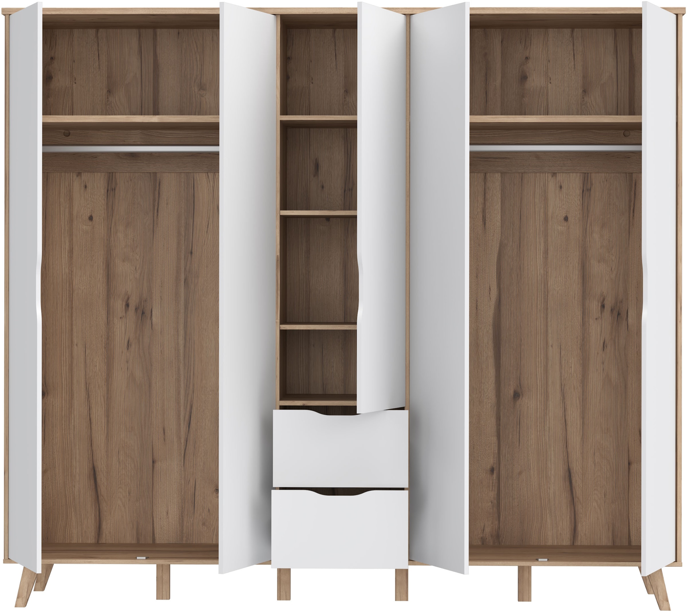FORTE Kleiderschrank »Vankka, Drehtürenschrank, Viel Stauraum, skandinavischer Stil« Made in Europe, mit Einlegeböden+Kleiderstangen+Schubladen,grifflos