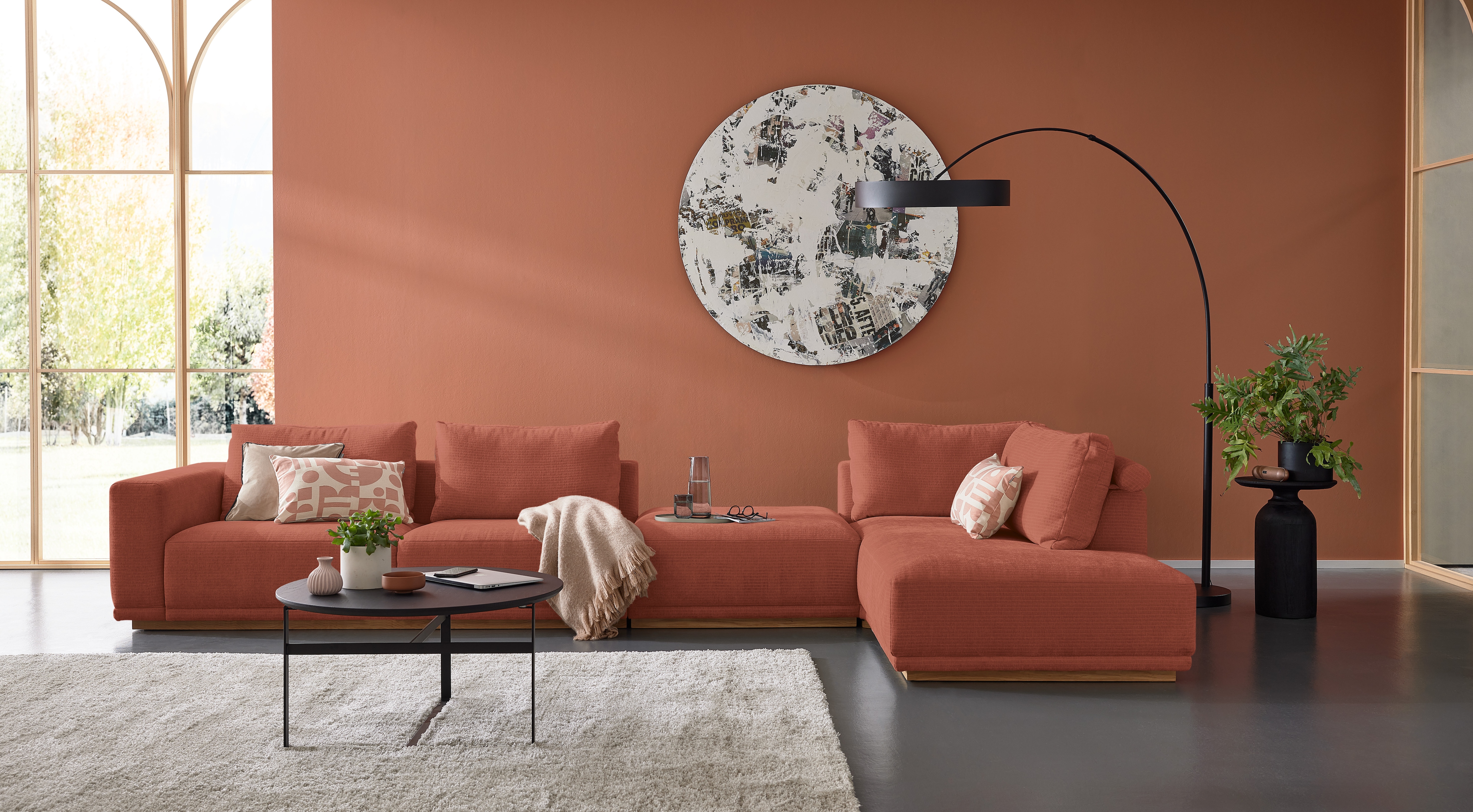 Musterring Wohnlandschaft "JustB PM200 bequem, wahlw. Sitzvorzug, Breite 395cm, Holzsockel" Anreihsofa Armlehne links, Eckteil rechts und Hocker. Ohne Sitzvorzug