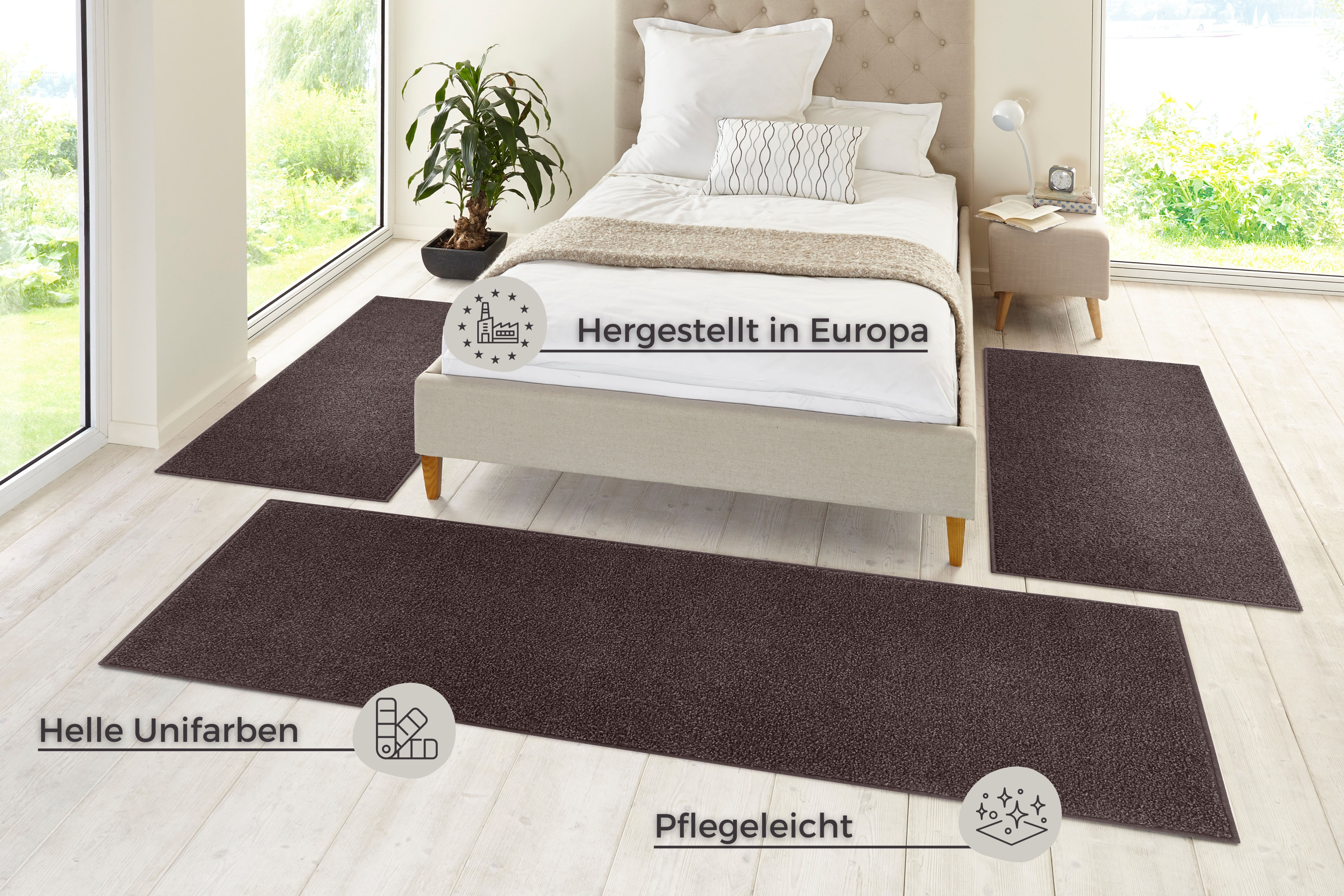 Thumbnail - HANSE Home Bettumrandung "Pure 100", (3 tlg.), Kurzflor, Unifarben, Teppich, Bettläufer, Bettvorleger, Teppichläufer