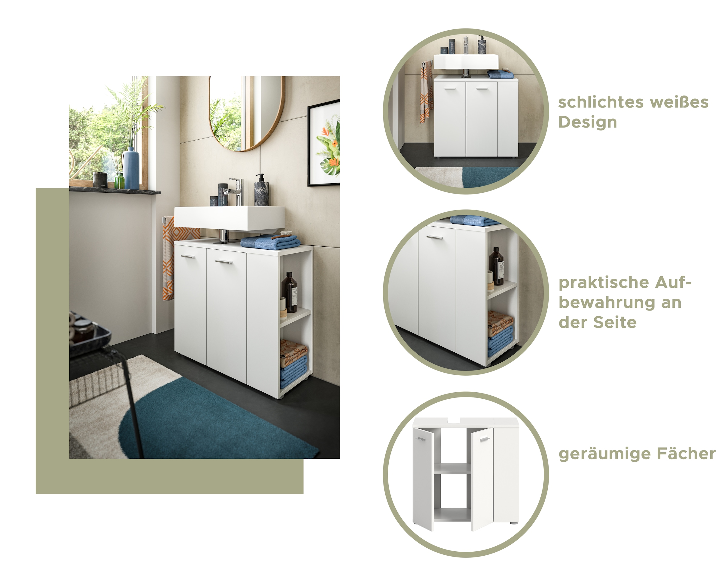 welltime Waschbeckenunterschrank »Breite 65cm, mit seitlichem Regal, 2 Türen, 4 Fächer«, Waschbecken, Unterschrank, Schrank, Badschrank, Badezimmerschrank